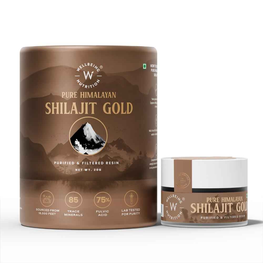 Buy Wellbeing Nutrition Pure Himalayan Shilajit Gold for Strength, Stamina, Performance, Stress Relief and Vitality | With Ashwagandha, Safed Museli & Swarna Bhasma (24K Gold Leaf) | Lab Tested - 20 gm - Purplle