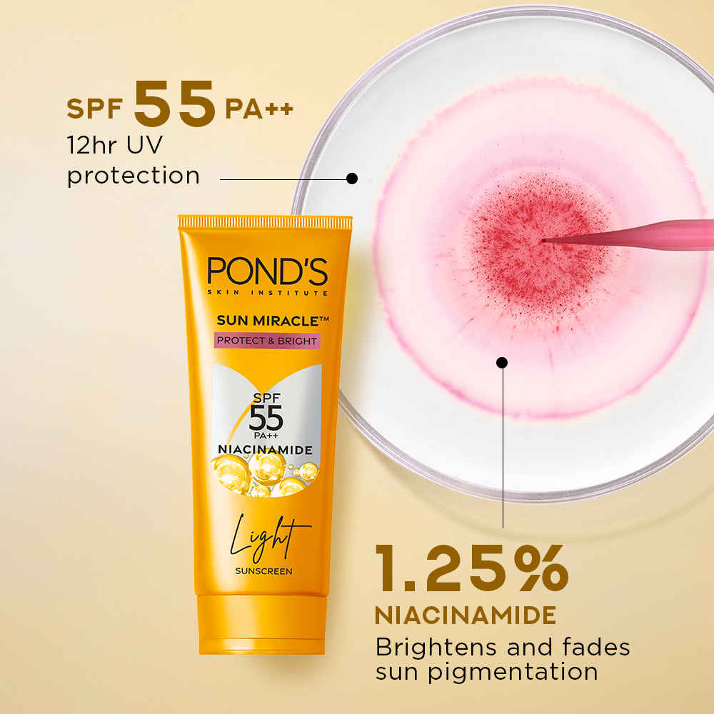 Buy Ponds Sun Miracle SPF 50 PA+++ Light Sunscreen - Protect & Bright, With 3% Active Niacinamide |100g - Purplle