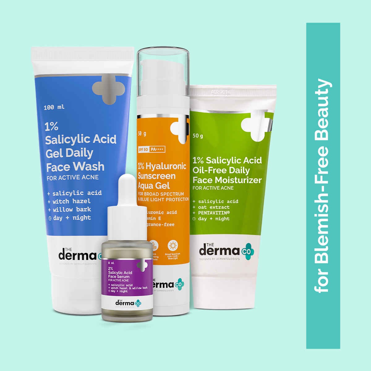 Buy The Derma Co. Acne Defense CSMS Combo : Salicylic Acid Daily Face Wash (100 ml) + 2% Salicylic Acid Face Serum (8 ml) + Salicylic Acid Oil-Free Daily Moisturizer (50 g) + Hyaluronic Sunscreen Aqua Gel (50g) - Purplle