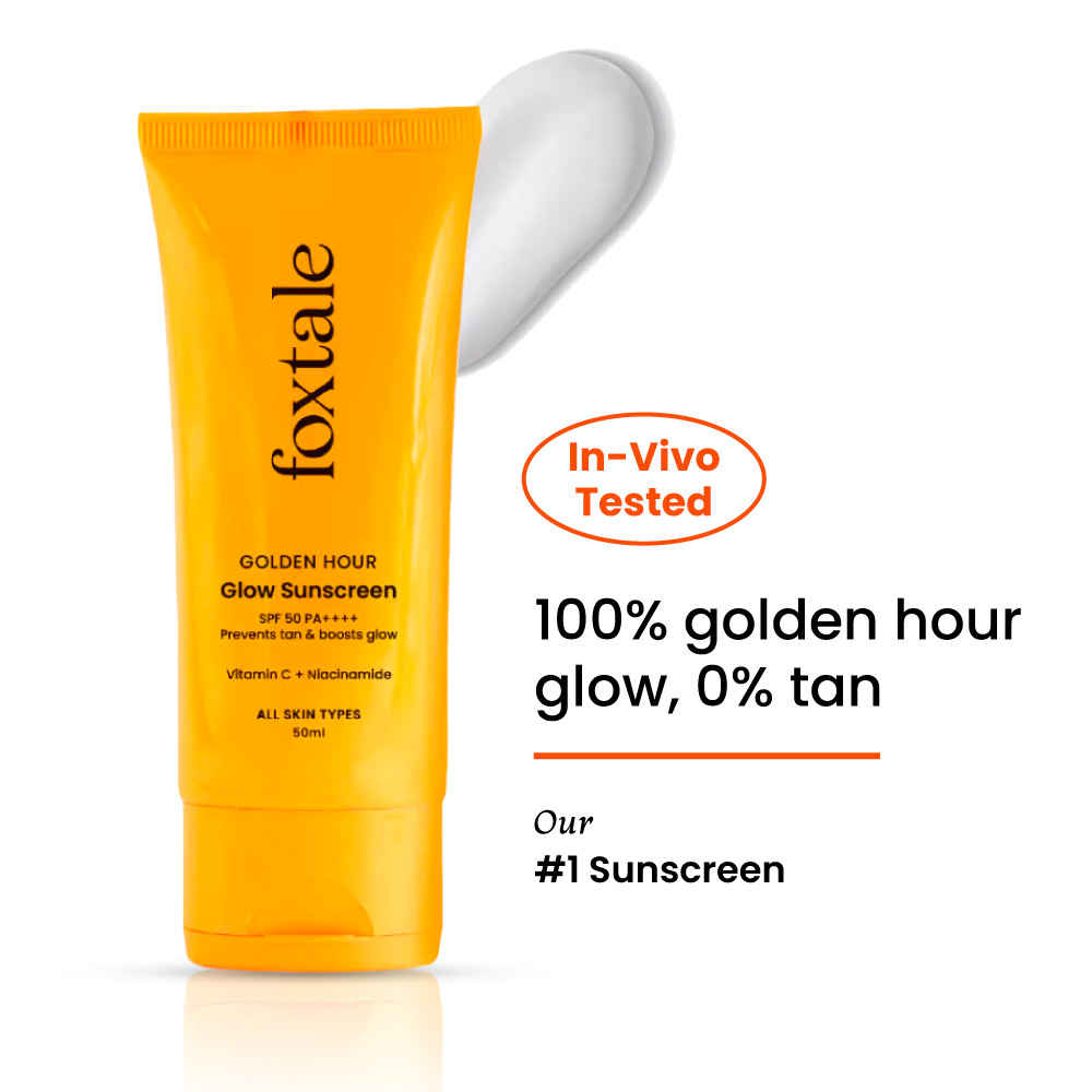 Buy Foxtale Glow Sunscreen SPF 50 PA++++ Lightweight with Vitamin C and Niacinamide | Fast Absorbing | UVA and UVB filters Prevents Tanning | No White Cast | Non-Greasy | For Men & Women | All Skin Types - 50 ml - Purplle