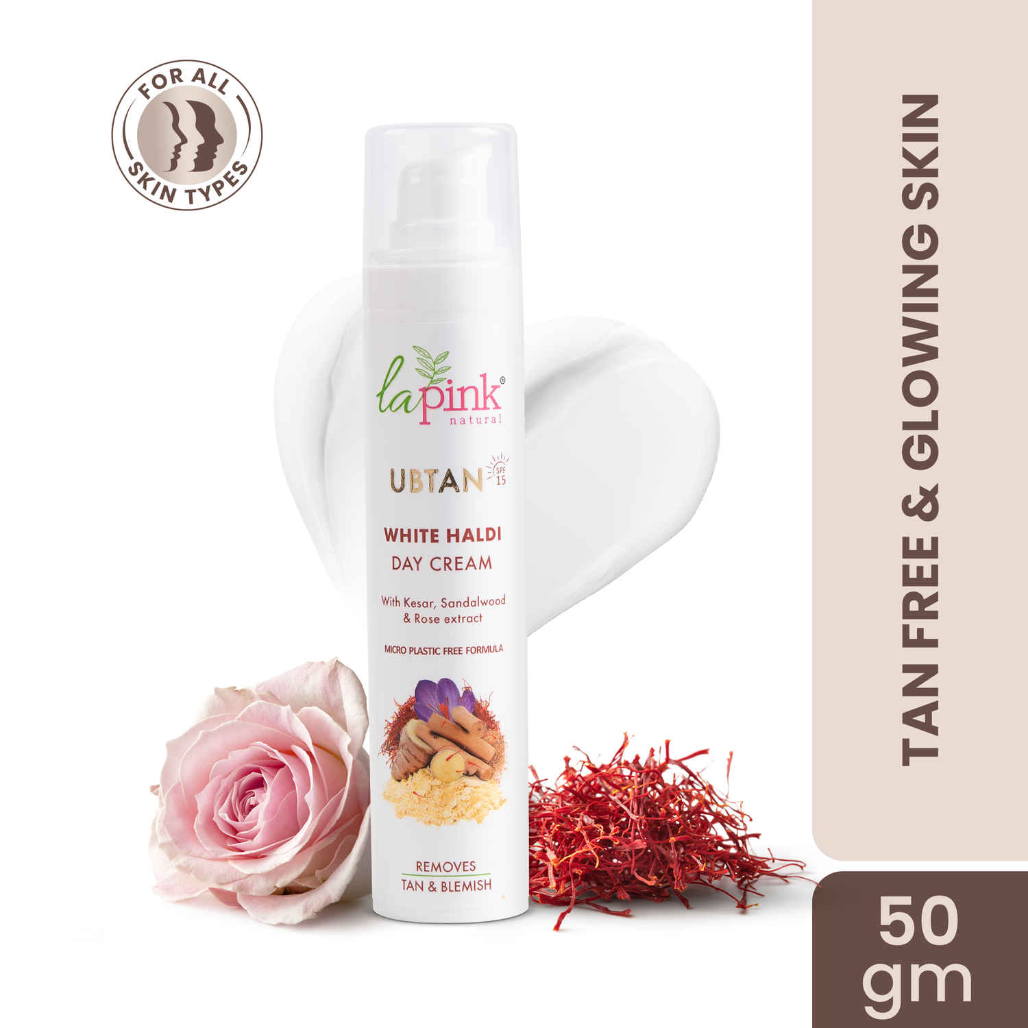 Buy La Pink Ubtan White Haldi Day Cream | 100% Microplastic Free Formula | Removes Tan, Blemishes, Pigmentation & Dark Spots | Kesar, Sandalwood and Rose | Glowing and Brightening Skin | All Skin Types | 50 gm - Purplle