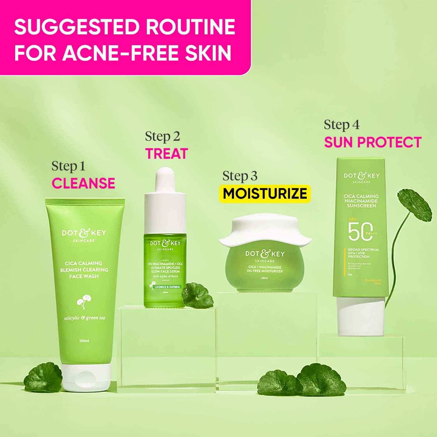Buy Dot & Key Acne Free Day Skin Care Routine | Face Wash, Serum, Day Moisturizer & Sunscreen - 230 gms - Purplle