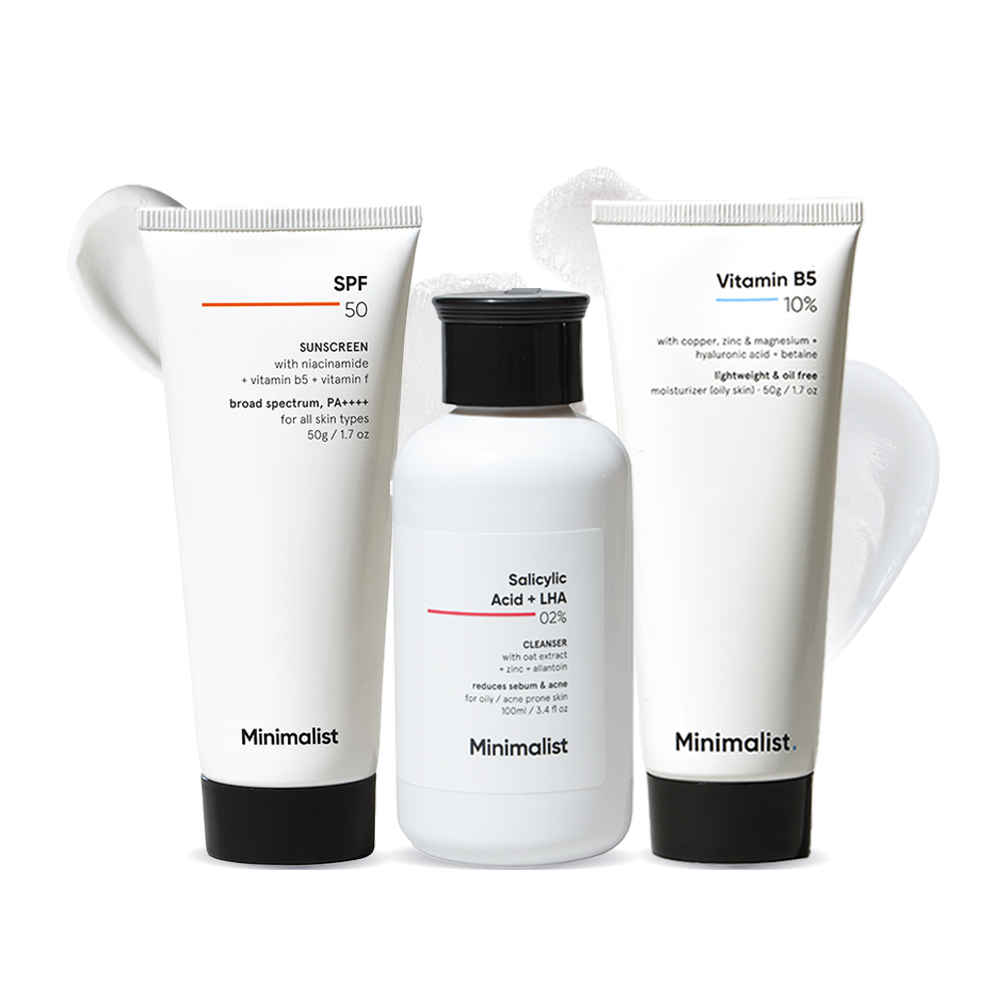 Buy Minimalist CMS routine combo(Salicylic Acid + LHA 02% Cleanser 100 ml + 10% Vitamin B5 Oil Free Moisturizer 50 gm+ SPF 50 Sunscreen with niacinamide 50 gm) - Purplle