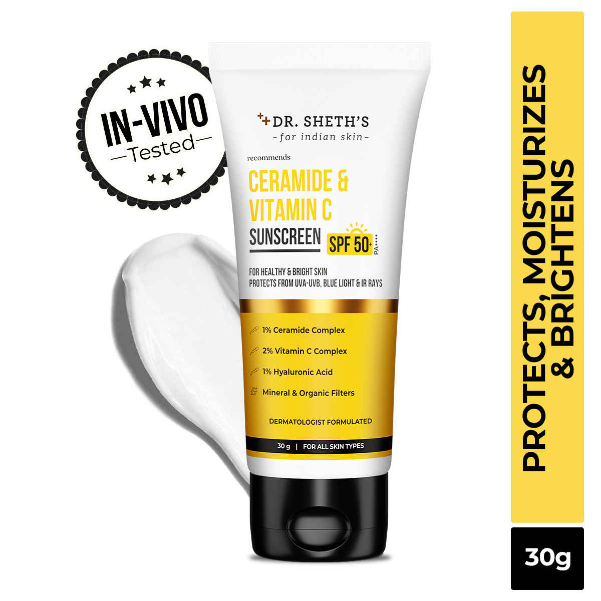 Buy Dr. Sheth's Ceramide & Vitamin C Sunscreen SPF 50+ PA++++ |In-Vivo Tested | For Healthy & Bright Skin | Lightweight & Non Greasy | For UVA/UVB & Blue Light & IR Protection | No white cast | For All Skin Types | For Men & Women | 30 gm - Purplle