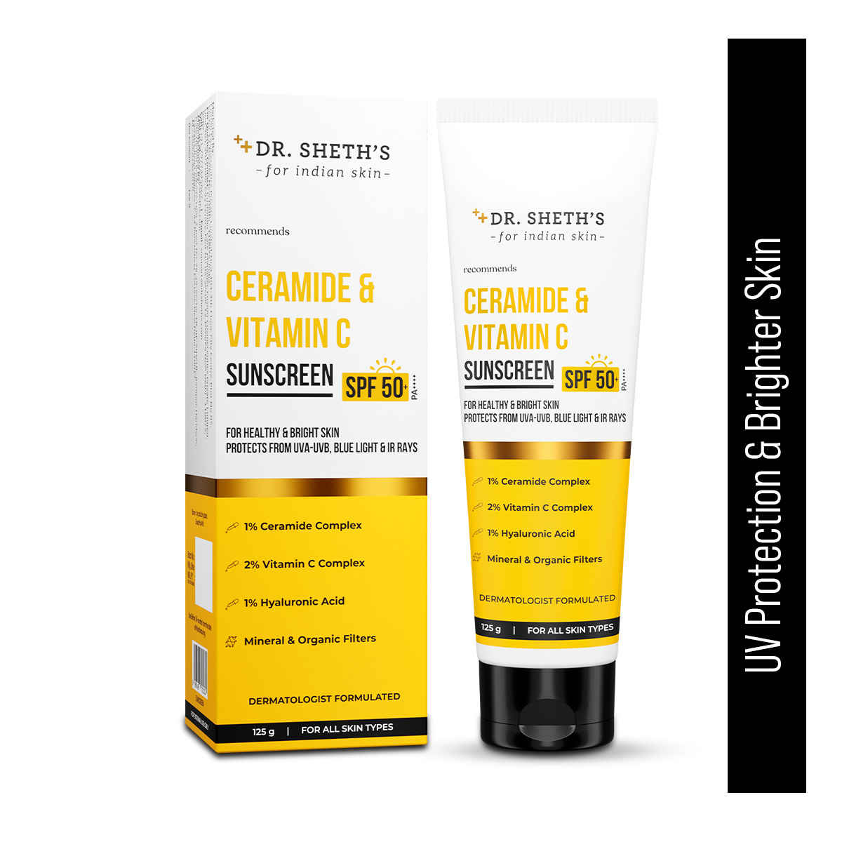 Buy Dr. Sheth's Ceramide & Vitamin C Sunscreen SPF 50+ PA++++ |In-Vivo Tested | For Healthy & Bright Skin | Lightweight & Non Greasy | For UVA/UVB & Blue Light & IR Protection | No white cast | For All Skin Types | For Men & Women | 125 gm - Purplle