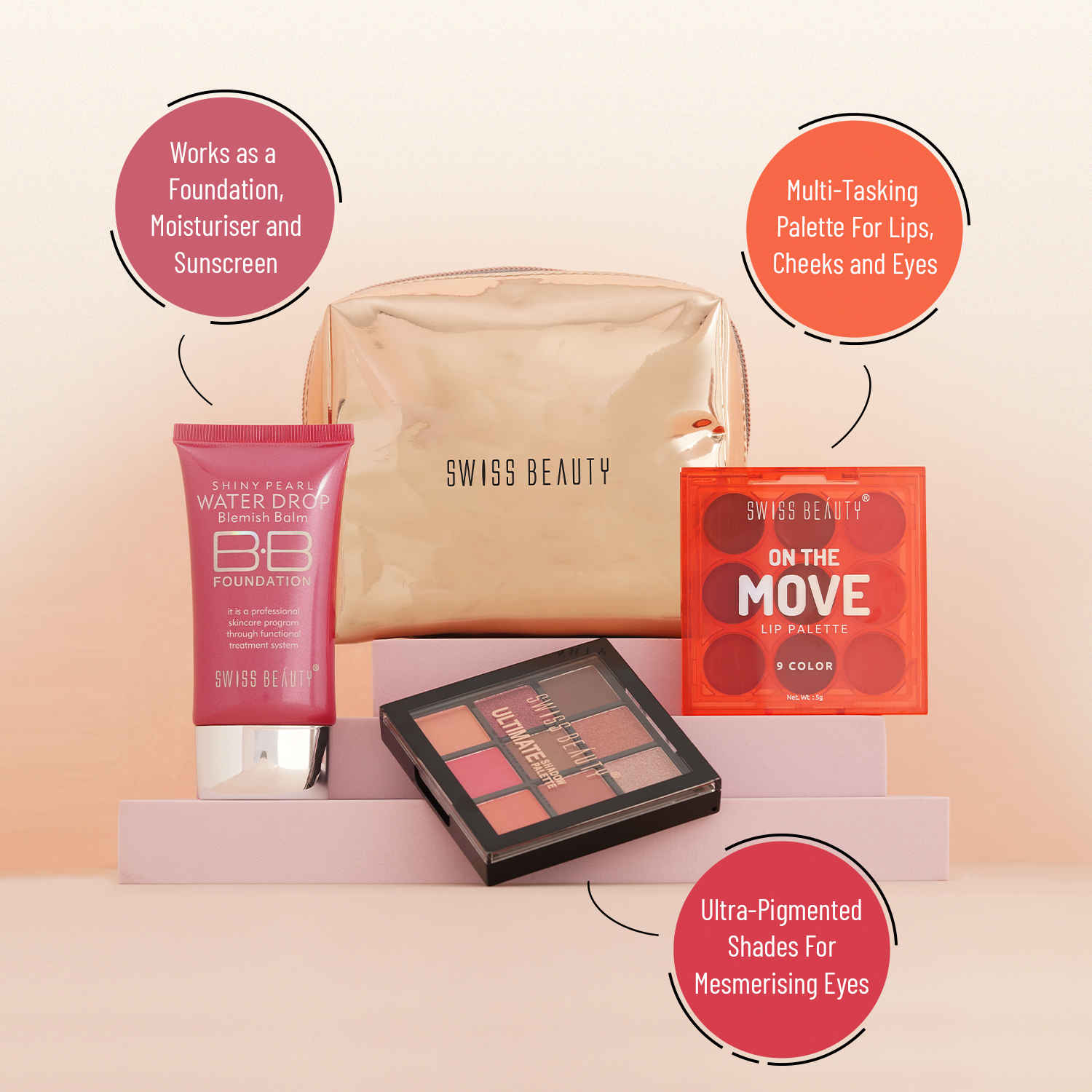 Buy Swiss Beauty Say Hi Makeup Kit | Eyeshadow Palette with Matte, Shimmer and Metallic Shade | On The Move Lip Palette with Matte Finish | BB Foundation with Sheer Coverage and Golden Pouch | Long-Lasting | All Skin Types Combo of 4 - Purplle