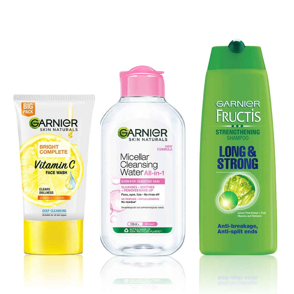 Buy Garnier Everyday Hair & Face Essentials Kit: Bright Complete Vitamin C Face Wash 150gm | Micellar Water, 125ml | Long & Strong Strengthening Shampoo (175 ml) - Purplle