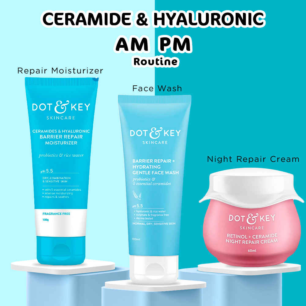 Buy Dot & Key Ceramide & Hyaluronic AM PM Routine:Face Wash (100 ml) + Face Cream (100 gm) + Retinol Night Cream (60 ml) - Purplle