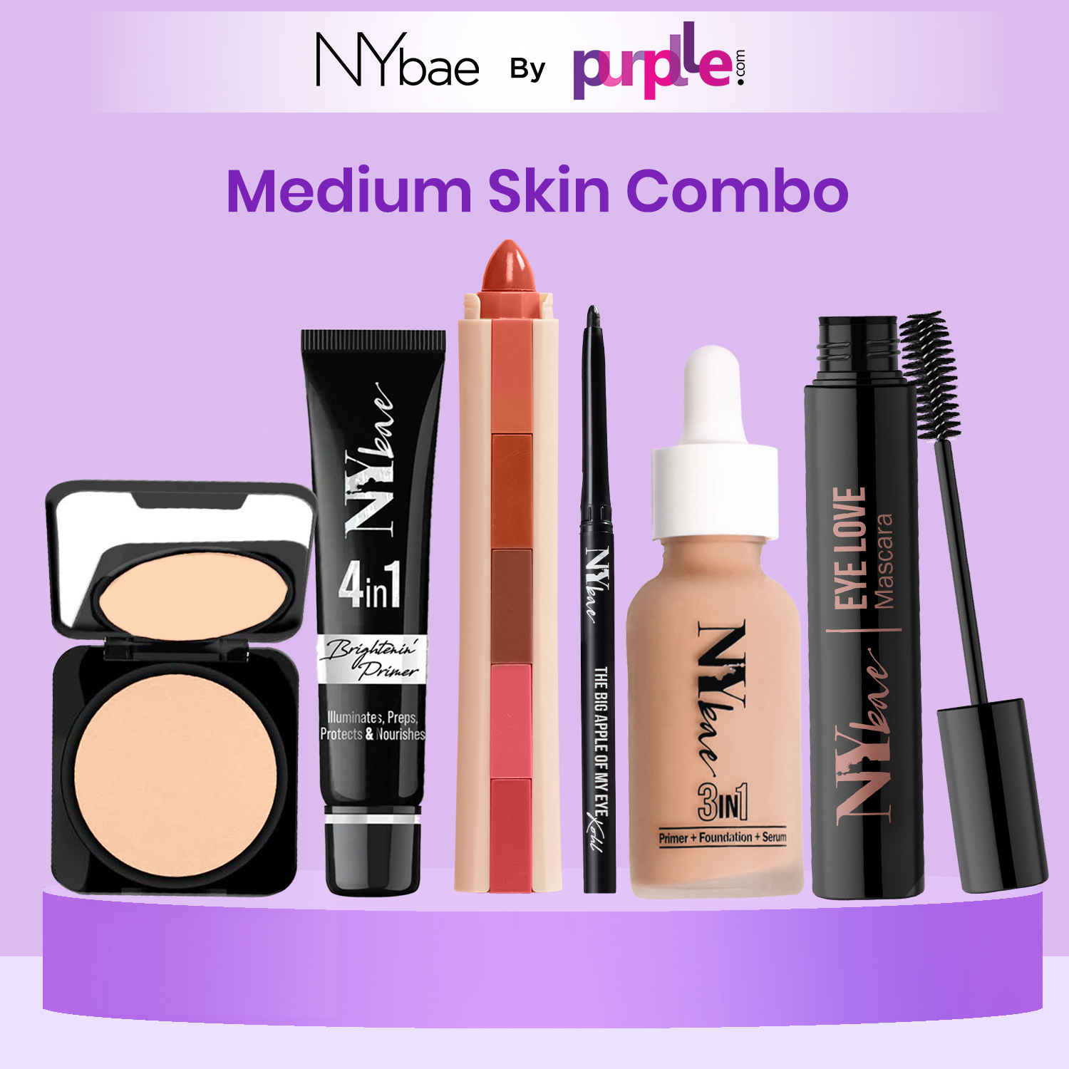 Buy NY Bae Makeup Essentials Kit - Medium Skin |Black Kajal | Volumising Mascara | 5 in 1 Lipstick | Brightening Primer | Compact | Serum Foundation - Warm Cashew - 1 Pc - Purplle
