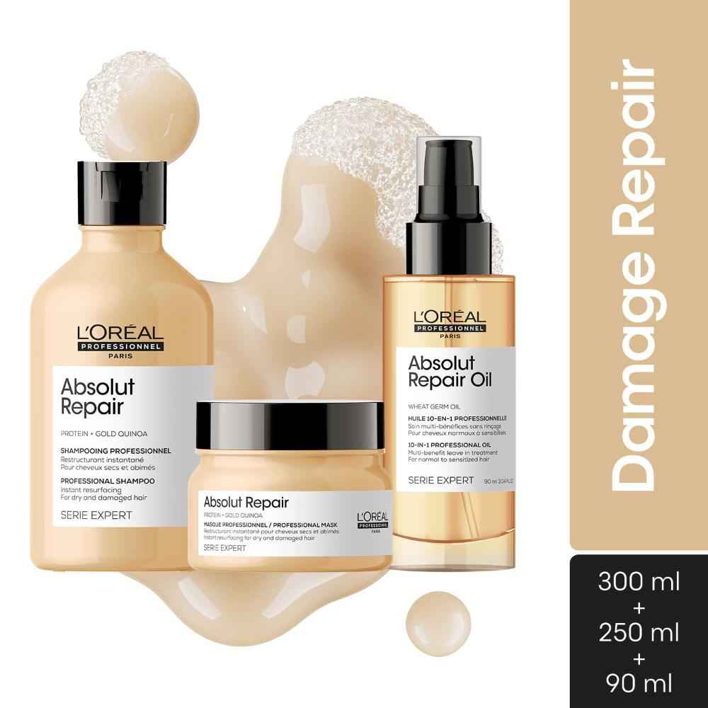 Buy L'Oreal Professionnel Serie Expert Absolut Repair Shampoo +Serie Expert Absolut Repair Mask + Absolut Repair Oil 10-in-1 (300ml + 250 gm + 90 ml) - Purplle