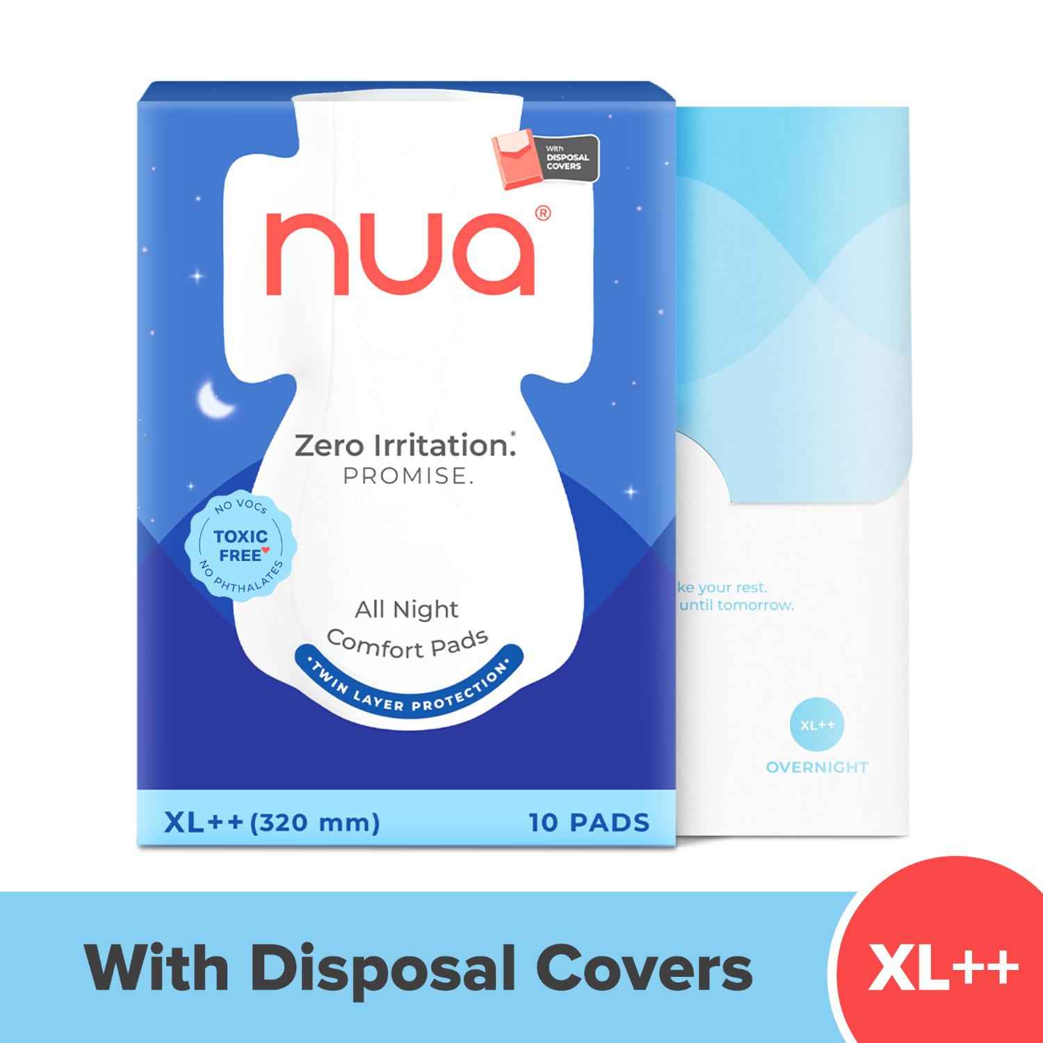 Buy Nua All Night Comfort Sanitary Pads | Pack of 10 (XL++ 320mm) | Twin Layer Protection | 50% Wider Back and Anti Stain Wings | Upto 10 Hours of Absorption | Super Soft and Breathable | No Rashes | 100% Toxic-Free - Purplle