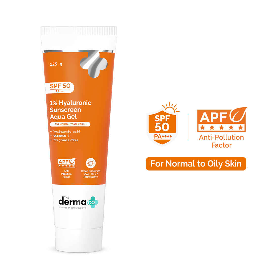 Buy The Derma Co. 1% Hyaluronic Sunscreen SPF 50 Aqua Gel PA++++ Lightweight No white-cast for Broad Spectrum & Blue Light Protection for Oily Dry Acne-prone Skin - (125 gm)| In-Vivo Tested - Purplle