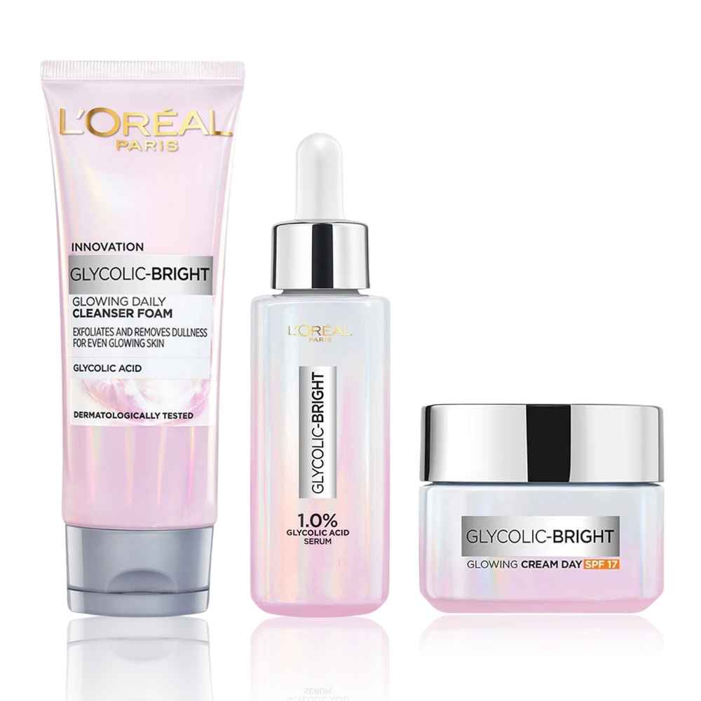 Buy L'Oreal Paris Glycolic CSM Routine (Cleanser Foam,100 ml + Brightening Serum,15 ml + Day Cream with SPF 17,15 ml) - Purplle