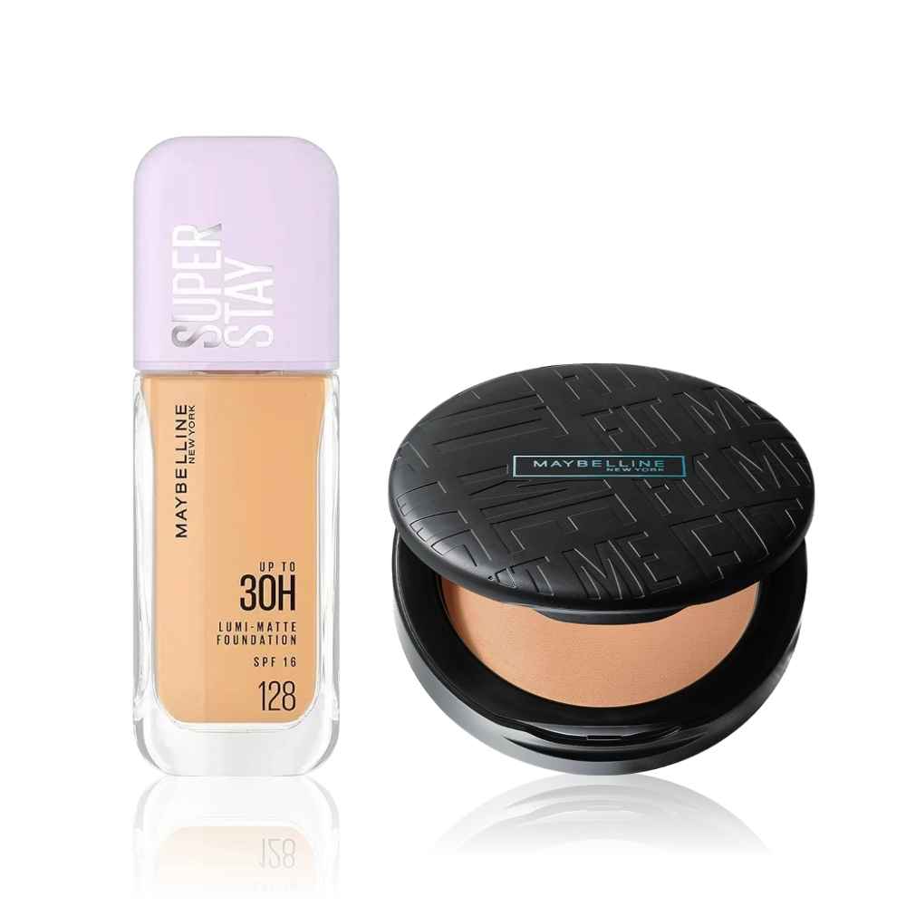Buy Maybelline Flawless Base Kit 2 (Super Stay Lumi-Matte Liquid Foundation 30H Longwear yet Light-As-Air, 128, 35ml + Fit Me Matte + Poreless Compact Powder, 310 Sun Beige, 6 gm) - Purplle