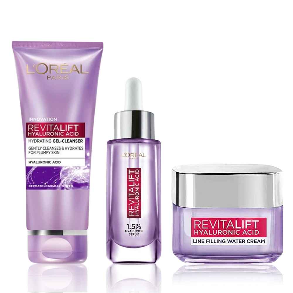 Buy L'oreal Paris Perfect Glow Kit 1 (Revitalift Hyaluronic Acid Hydrating Gel Cleanser (100 ml) + Revitalift 1.5% Hyaluronic Acid Serum 15ml + Revitalift Hyaluronic Acid Line Filling Water Cream (15 ml) - Purplle
