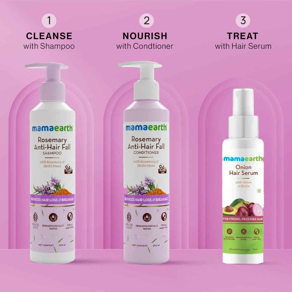 Buy Mamaearth Anti-Hair Loss & Breakage Cleanse, Nourish & Protect Combo : Rosemary Shampoo (250 ml) +Rosemary Conditioner (250 ml) + Onion Hair Serum (100 ml) - Purplle