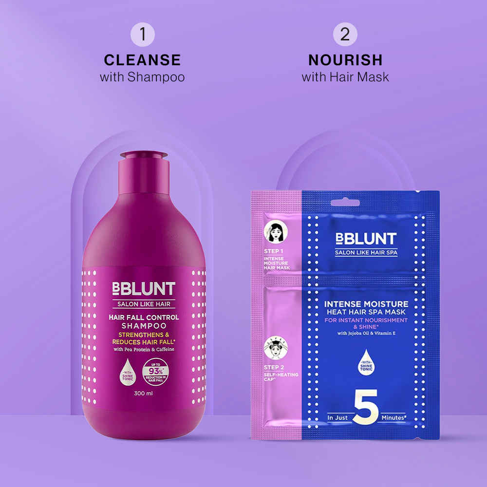 Buy BBLUNT Cleanse & Nourish Combo: Hair Fall Control Shampoo (300 ml) + Intense Moisture Heat Hair Spa Mask (70 gm) - Purplle