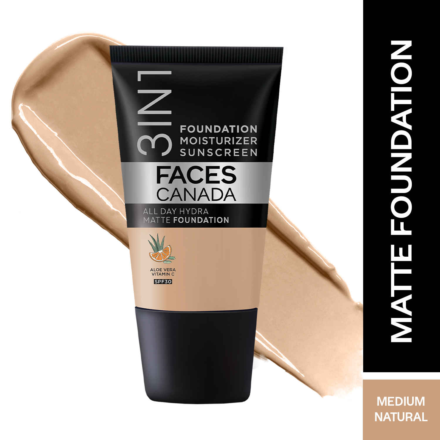 Buy FACES CANADA All Day Hydra Matte Foundation - Mini | 3-in-1 Foundation + Moisturizer + SPF 30 | 24 HR Aloe Hydration & Vitamin C | 10HR Long Wear | Medium to High Buildable Coverage | Medium Natural | 18 ml - Purplle