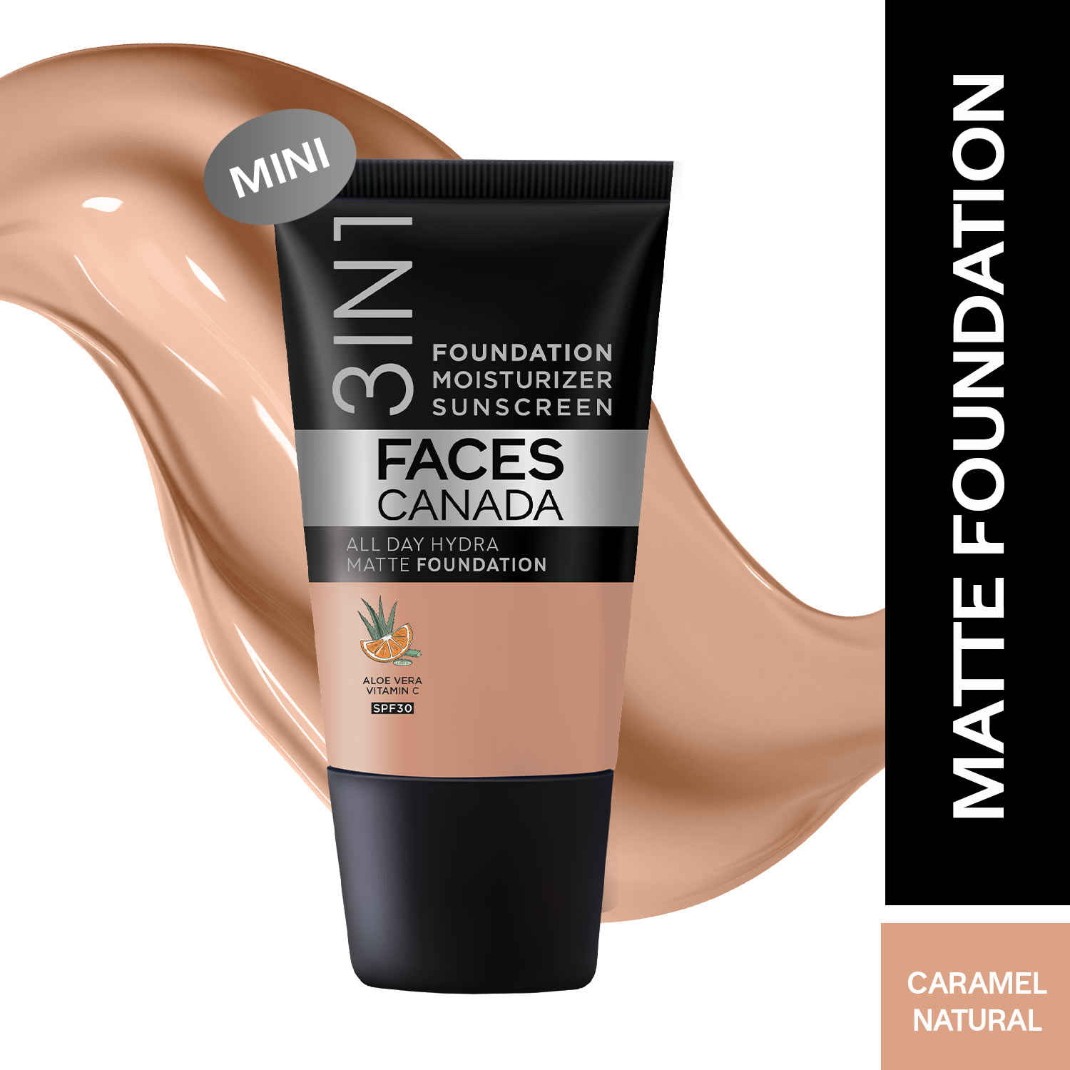 Buy FACES CANADA All Day Hydra Matte Foundation - Mini | 3-in-1 Foundation + Moisturizer + SPF 30 | 24 HR Aloe Hydration & Vitamin C | 10HR Long Wear | Medium to High Buildable Coverage | Caramel Natural | 18 ml - Purplle