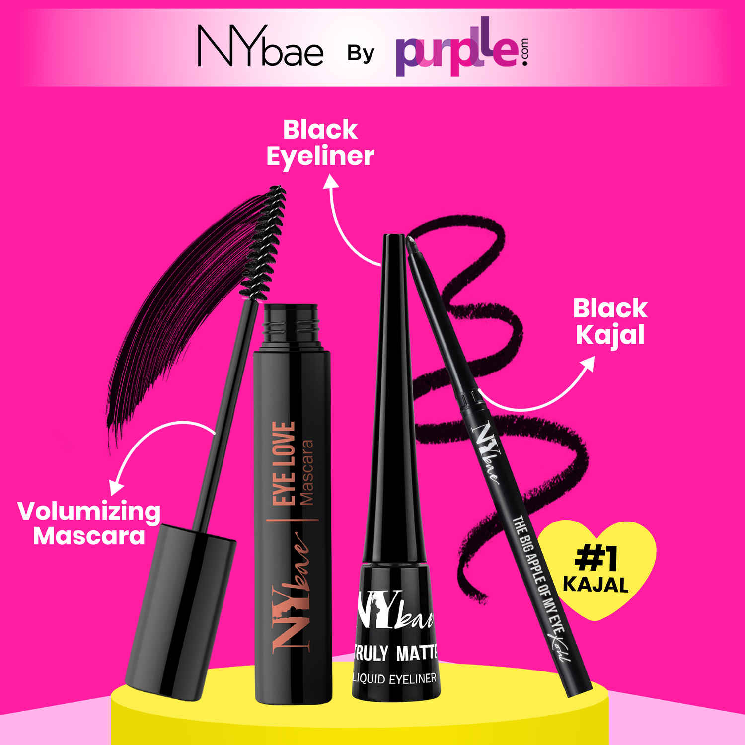 Buy NY Bae Eye Glam Trio | Eye Love Volumizing Mascara (8 ml) | Truly Matte Smudgeproof Liquid Eyeliner (4.5 ml) | The Big Apple of My Eyes Waterproof Black Kajal (0.30 gm) | Eye Makeup | Travel Kit - Purplle