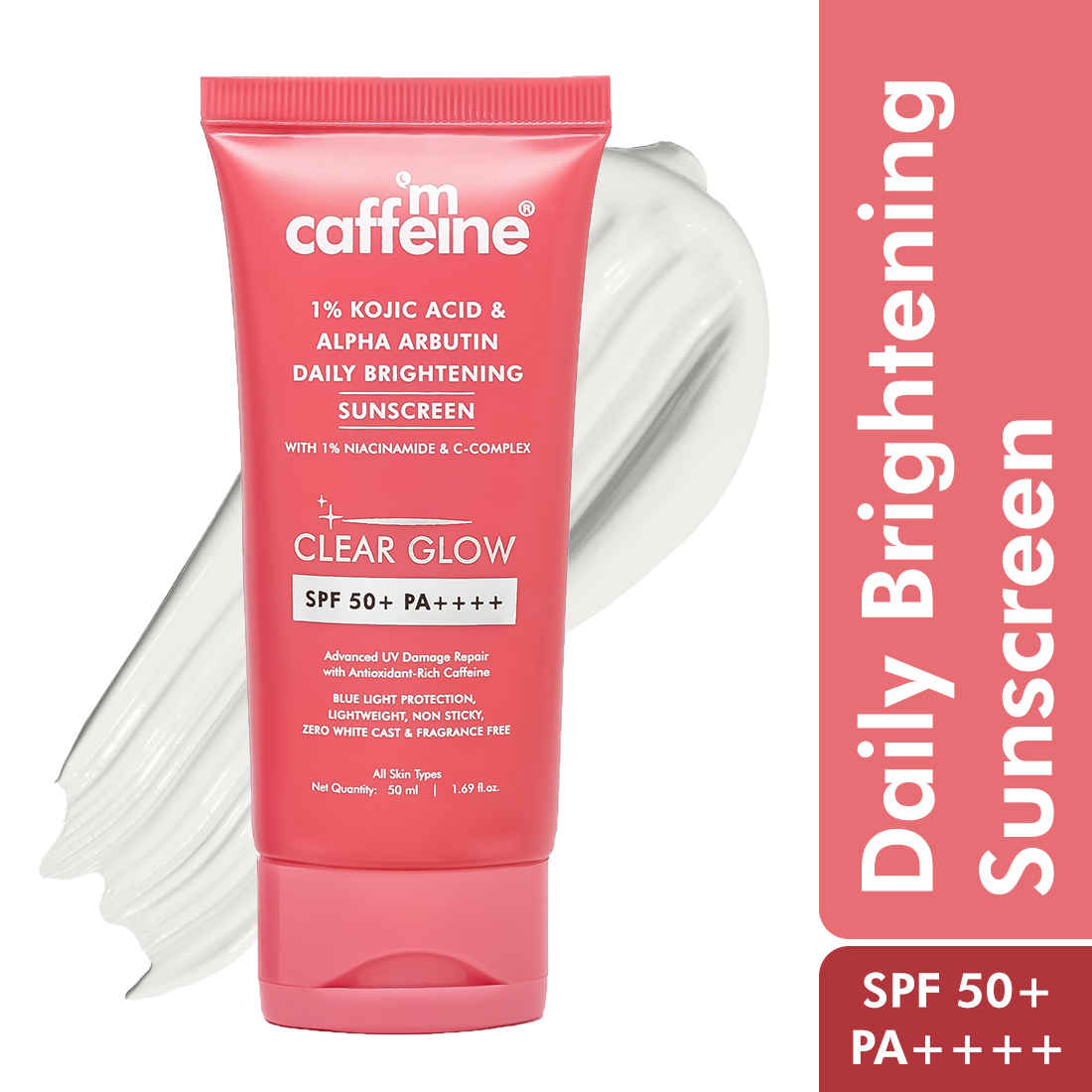 Buy mCaffeine CLEAR GLOW 1% Kojic Acid & Alpha Arbutin Brightening Sunscreen SPF 50 PA++++ |Niacinamide-Dark Spots & Pigmentation| UVA-B Sun Protection|No White Cast, Non Greasy For Men & Women - 50 ml - Purplle
