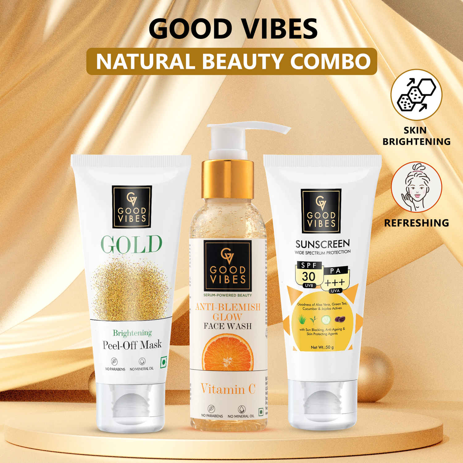 Buy Good Vibes Natural Beauty Combo | Anti Blemish Vitamin C Face Wash (120 ml) | Wide Spectrum Protection Sunscreen with SPF 50 (50 gm) | Gold Peel Off Mask (50 gm) | Radiant Skin | Gold Glow | Sun protection - Purplle
