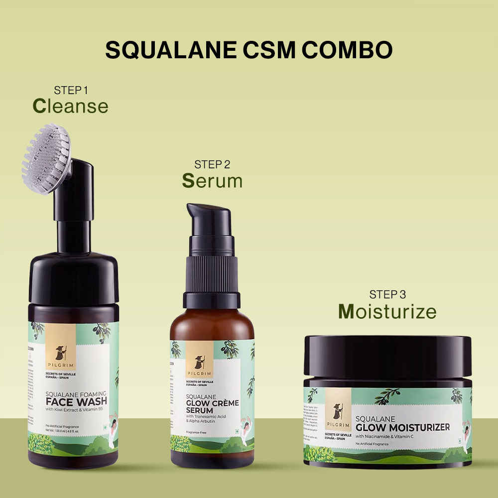 Buy Pilgrim Squalane CSM Combo : Face Wash (100 ml) + Creme Serum (30ml) + Squalane Glow Moisturizer (50gm) - Purplle