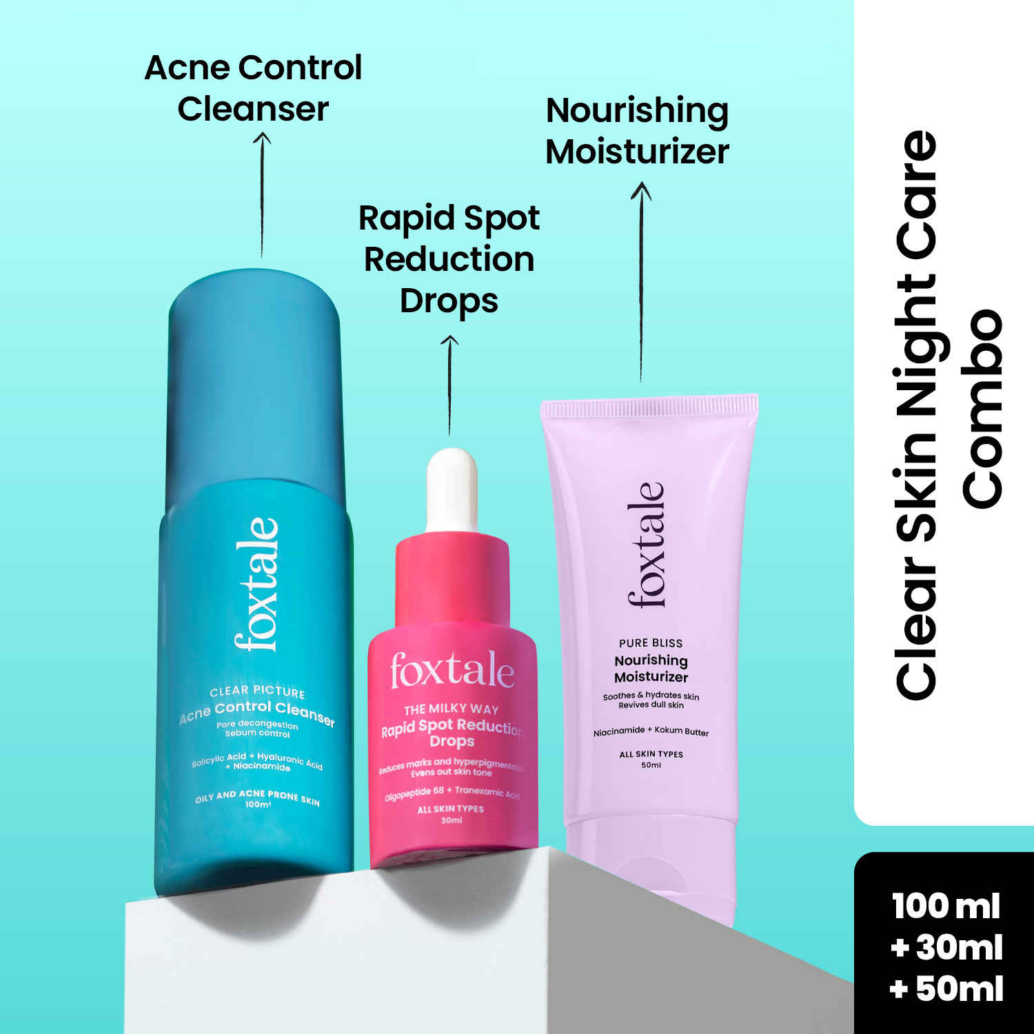 Buy Foxtale Clear Skin Night Care Combo : Acne Control Cleanser (100 ml) + Spot Reduction Drops (30 ml) + Nourishing Face Moisturizer (50 ml) - Purplle