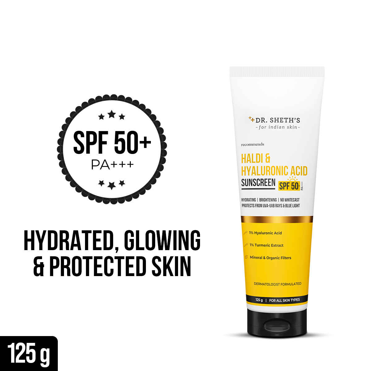 Buy Dr. Sheth's Haldi & Hyaluronic Acid Sunscreen with 1% Hyaluronic Acid & 1% Turmeric Extract | Spf 50+ | PA++++ | Hydrating & Brightening | Protects against UVA/UVB & Blue light | For Women & Men -125 gm - Purplle