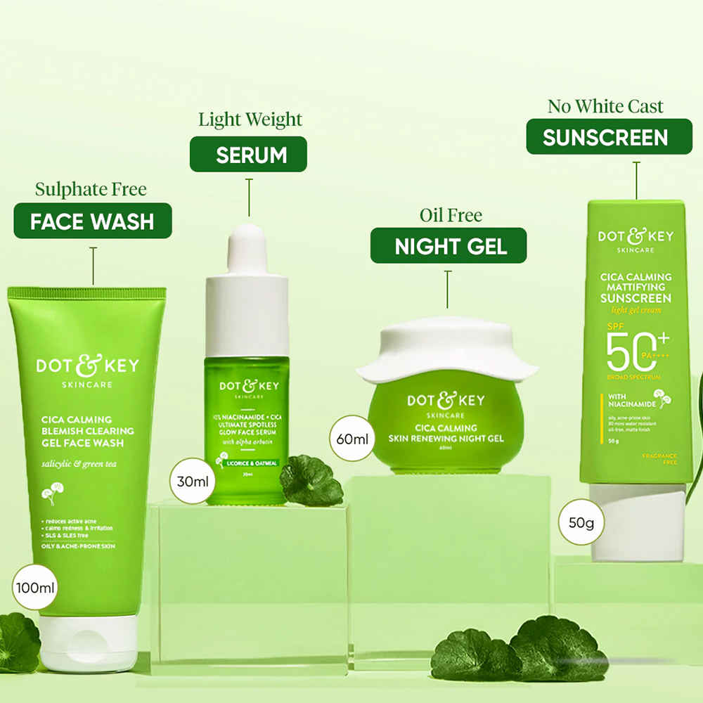 Buy Dot & Key CICA Nourish & Repair Combo | Face Wash (100 ml) & Serum (20 ml), Sunscreen (50 gm) & Night Gel (25 ml) - Purplle
