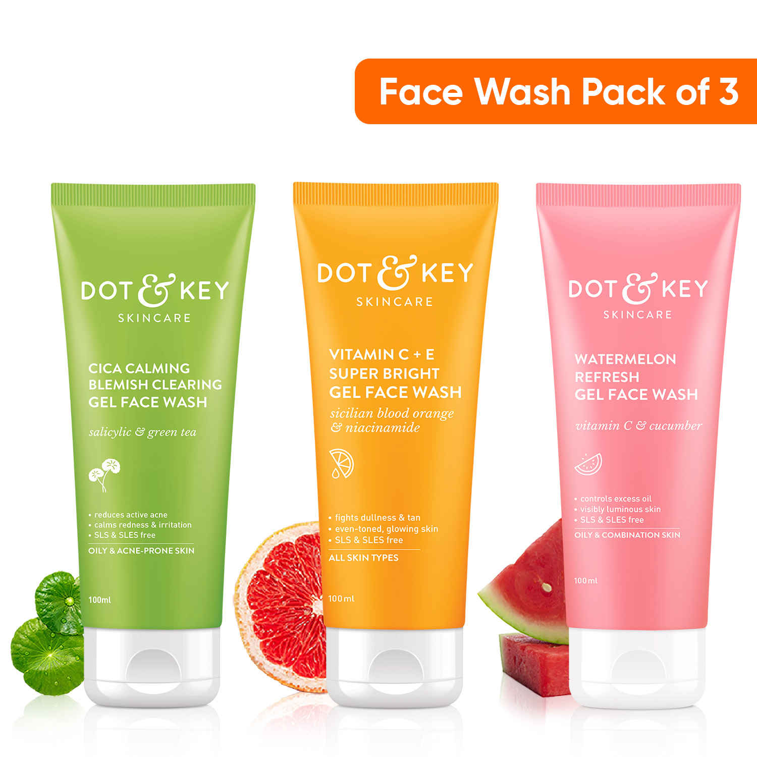Buy Dot & Key Best Selling Face Wash Trio - CICA Face Wash 100 ml, Vitamin C Face Wash 100 ml & Watermelon Face Wash 100 ml - Purplle