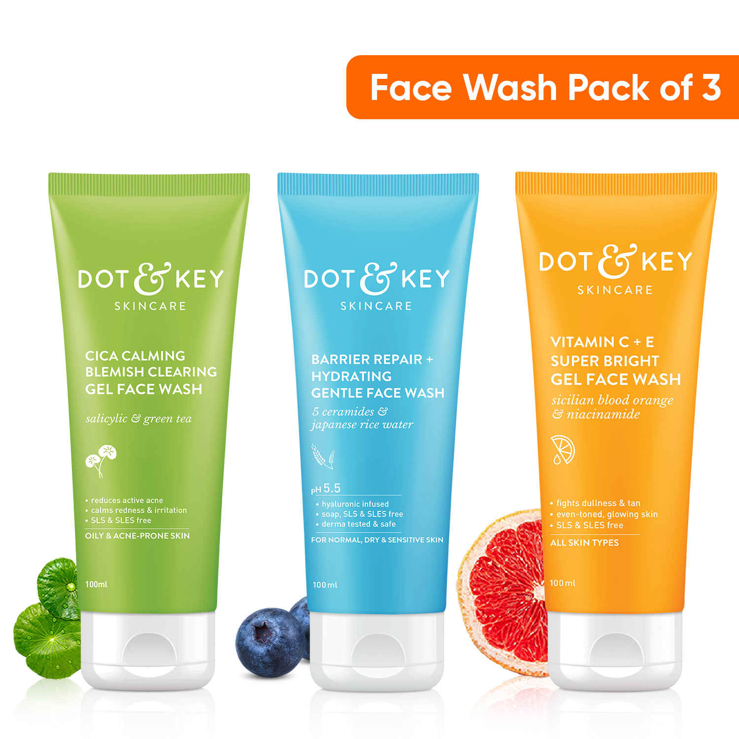 Buy Dot & Key Best Selling Face Wash Trio - CICA Face Wash 100 ml, Vitamin C Face Wash 100 ml & Barrier Repair Face Wash 100 ml - Purplle