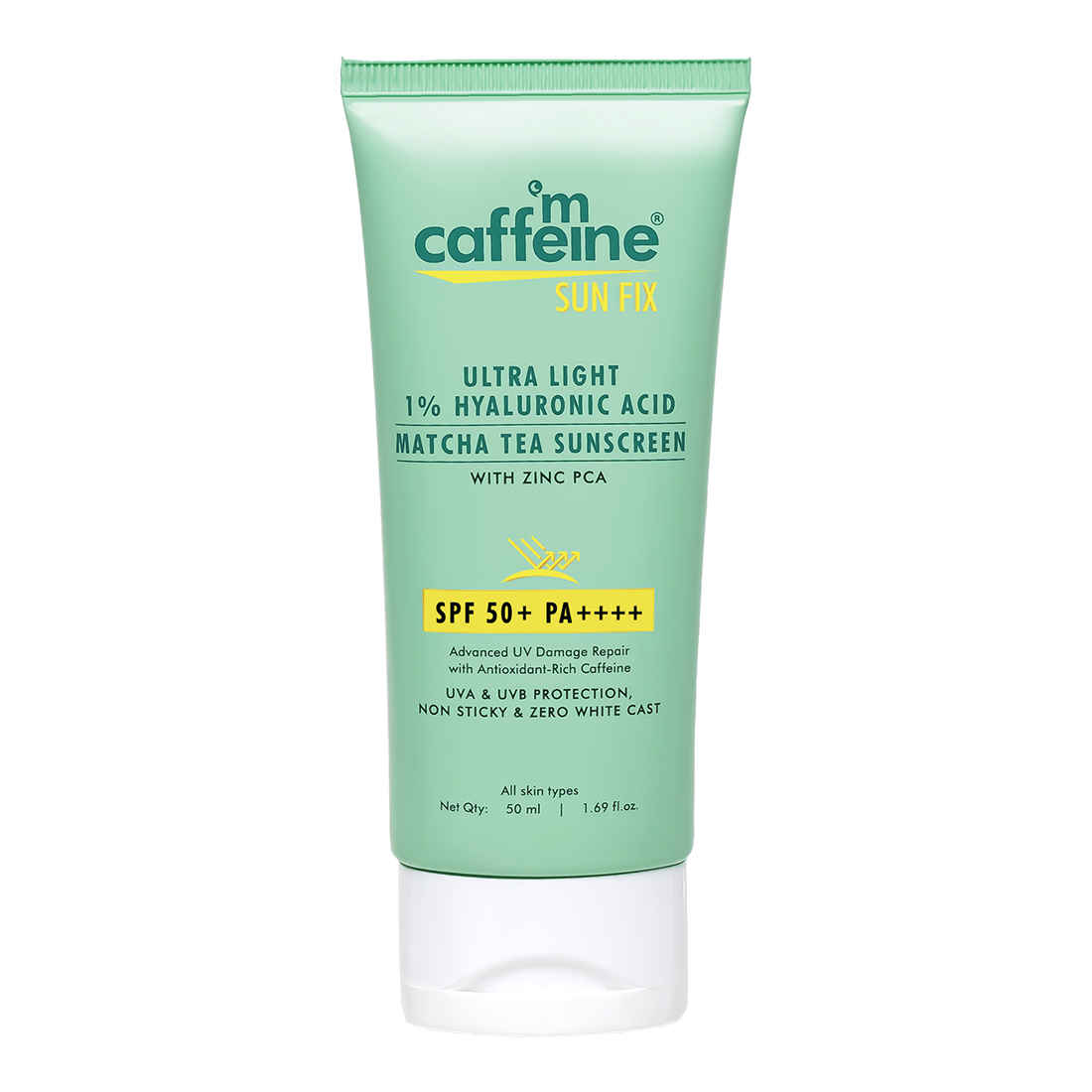 Buy mCaffeine Sun Fix Ultra Light 1% Hyaluronic Acid Matcha Tea Sunscreen SPF 50+ & PA++++ UV & Blue Light Protection, No White Cast, Soothes Acne - 50ml - Purplle