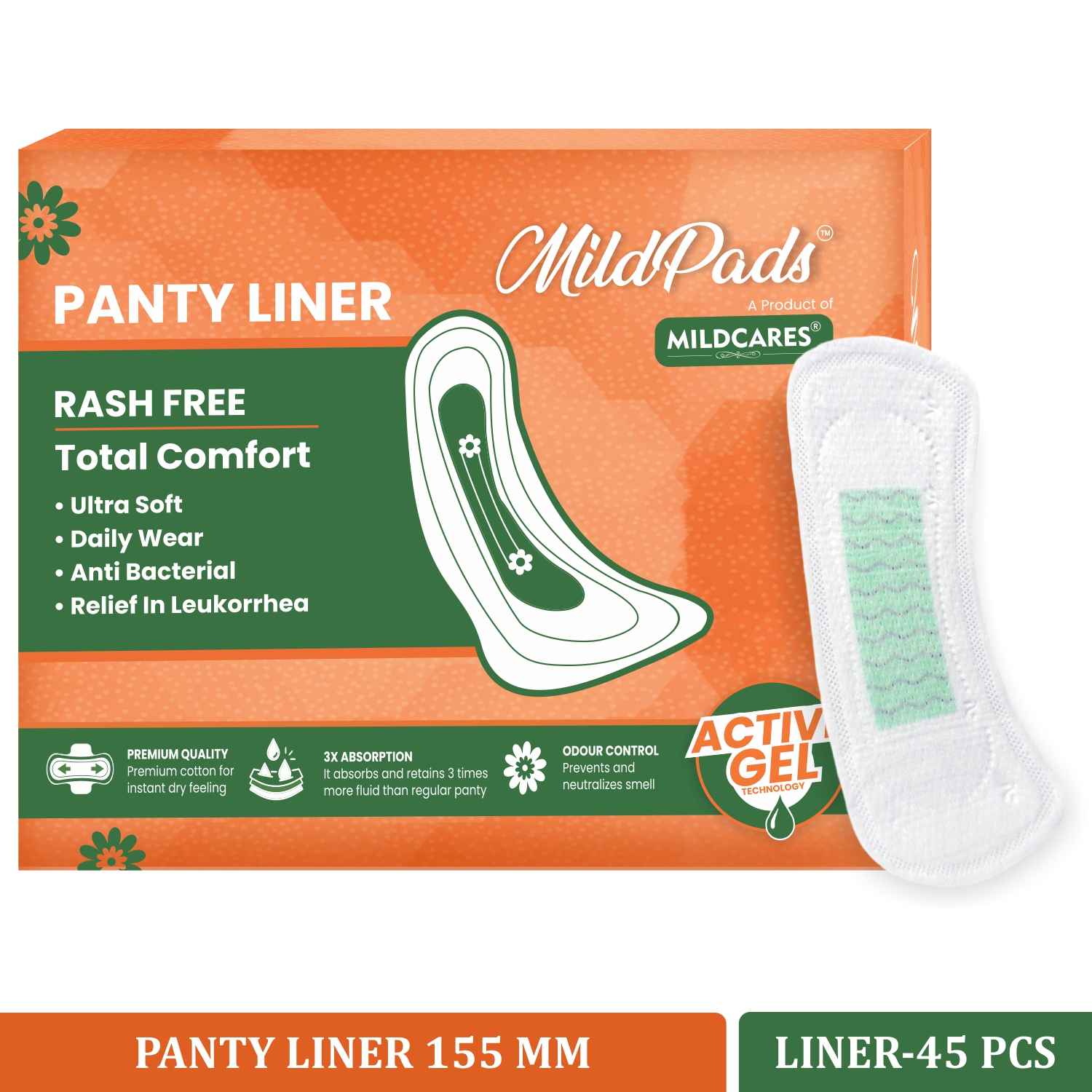 Buy MildCares Panty Liners For Women Daily Use With 155mm Wide (Pack of 45 Liners)| Curvy Design For Extra Comfort | Cottony-Soft Surface | Keeps You Dry & Fresh All Day Long - Purplle