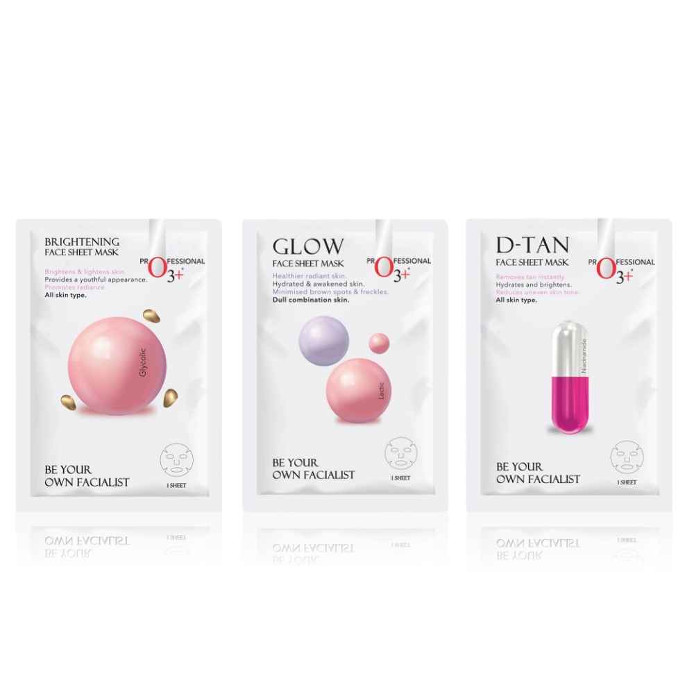 Buy O3+ Glow, De-Tan and Brightening Trio (Dullness Removal Sheet Mask 30g + Glycolic Sheet Mask 30g + Niacinamide Sheet Mask 30 gm) - Purplle