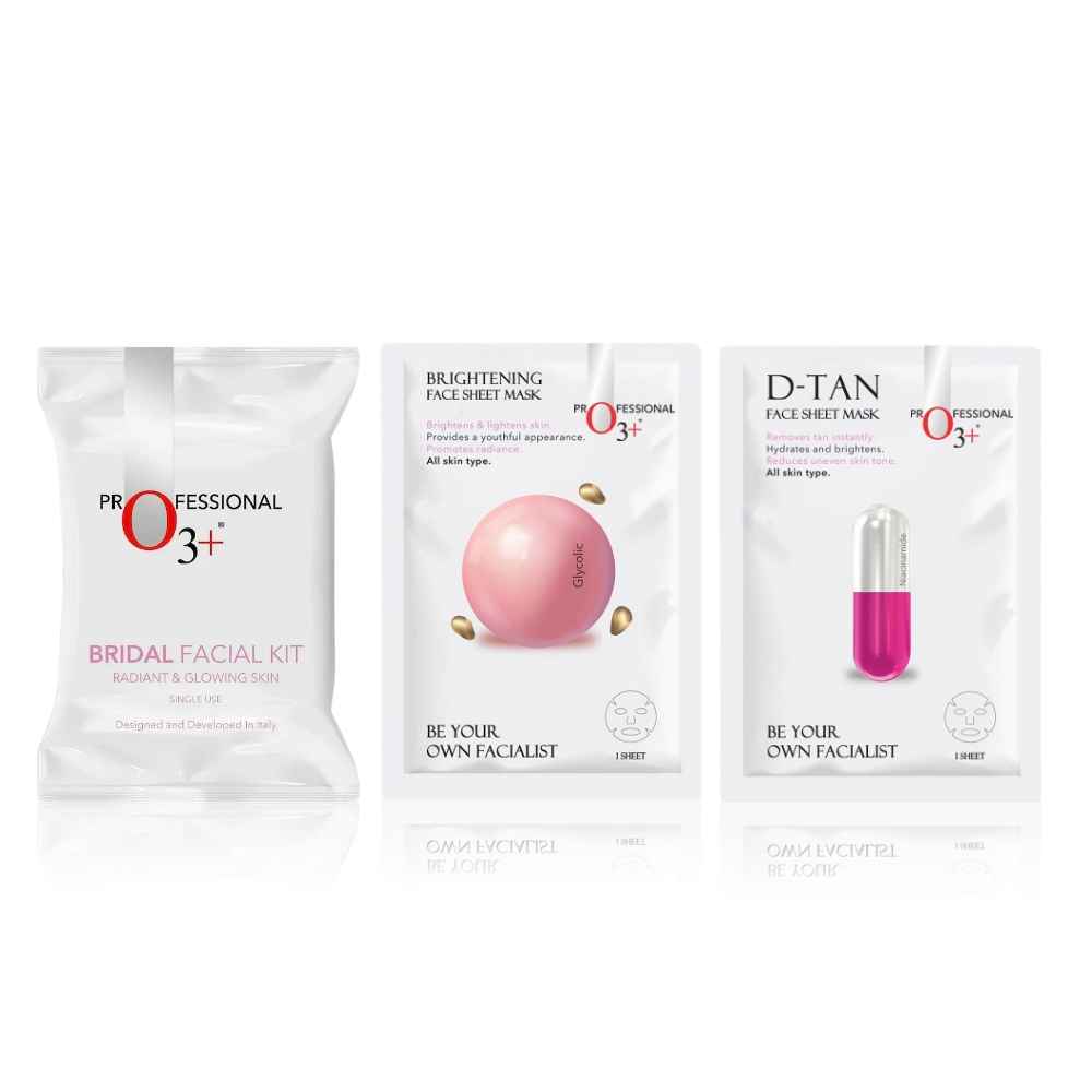 Buy O3+ Radiant Bridal Skin Essentials [Facial Kit (69 ml + 60 gm) + Glycolic Sheet Mask 30 gm + Niacinamide Sheet Mask 30 gm] - Purplle