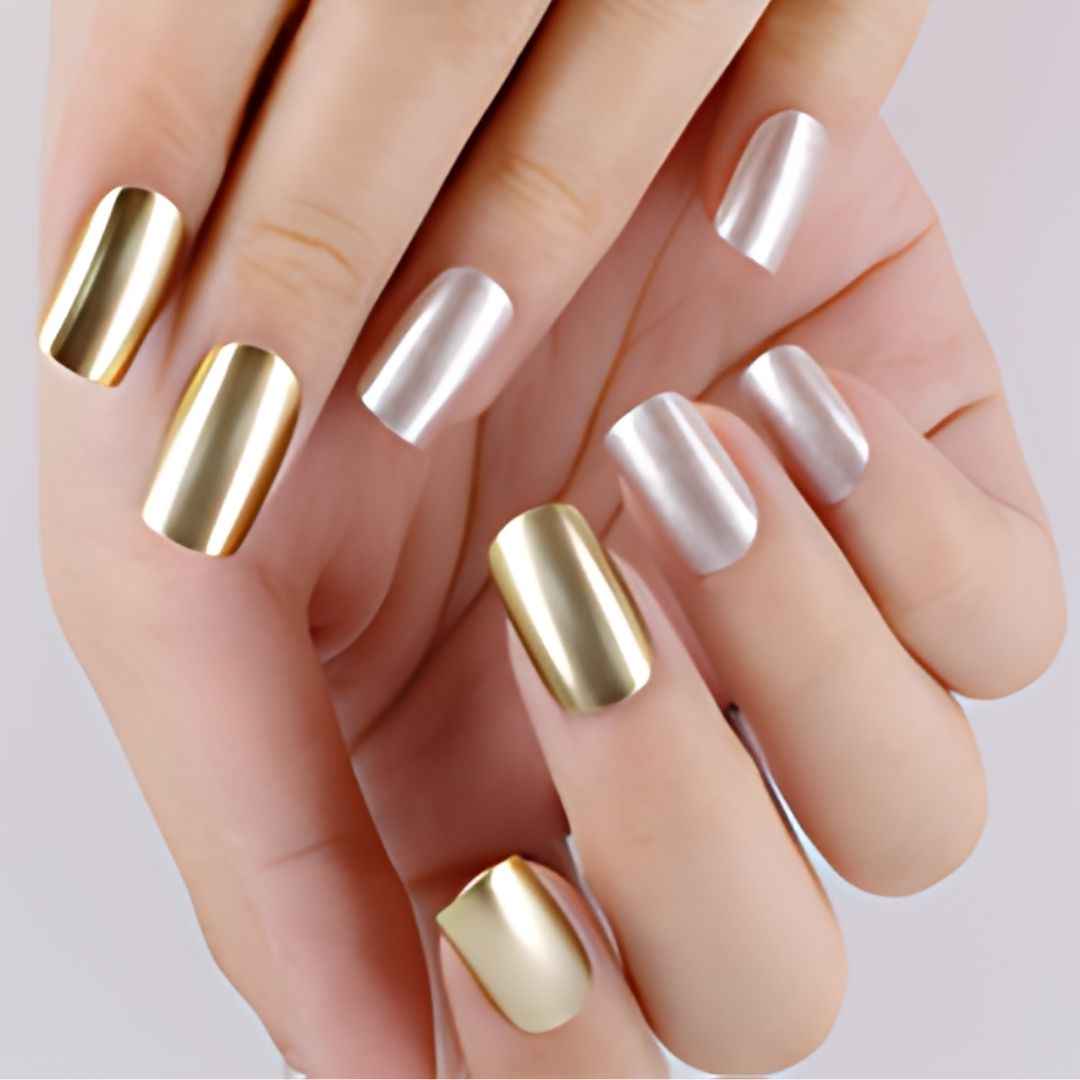 Buy Sanfe Instant Stick On Nails - Silver & Golden Chrome | 24 Reusable Artificial Fake Nail Set/Extensions | Quick, Lightweight, Salon Look, Lasts upto 3 weeks | For Festivals & Special Occasions - Purplle