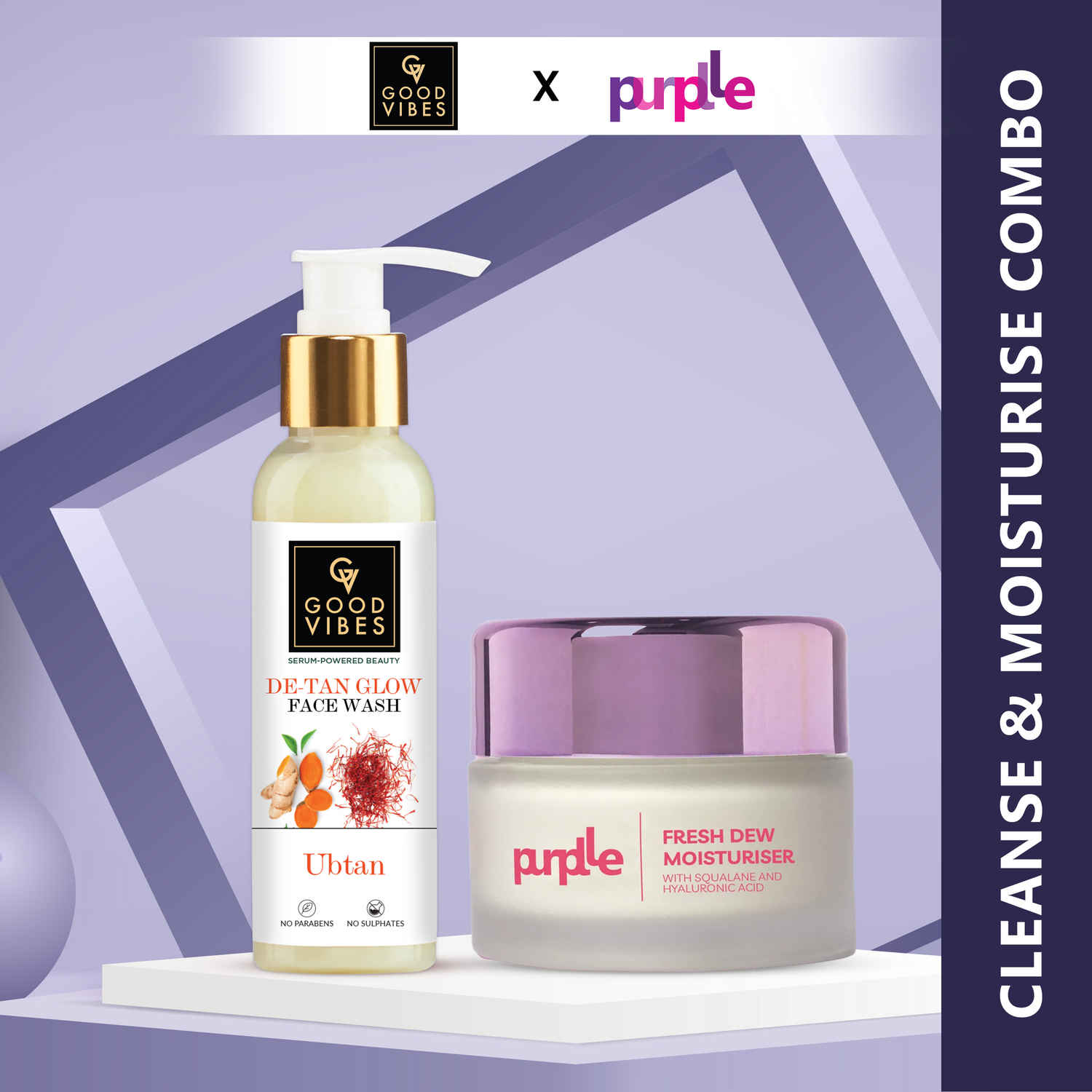 Buy Good Vibes x Purplle Cleanse & Moisturise Combo | Ubtan De-Tan Face Wash 120ml | Purplle Fresh Dew Moisturiser with Squalane & Hyaluronic Acid 45gm - Combo of 2 - Purplle