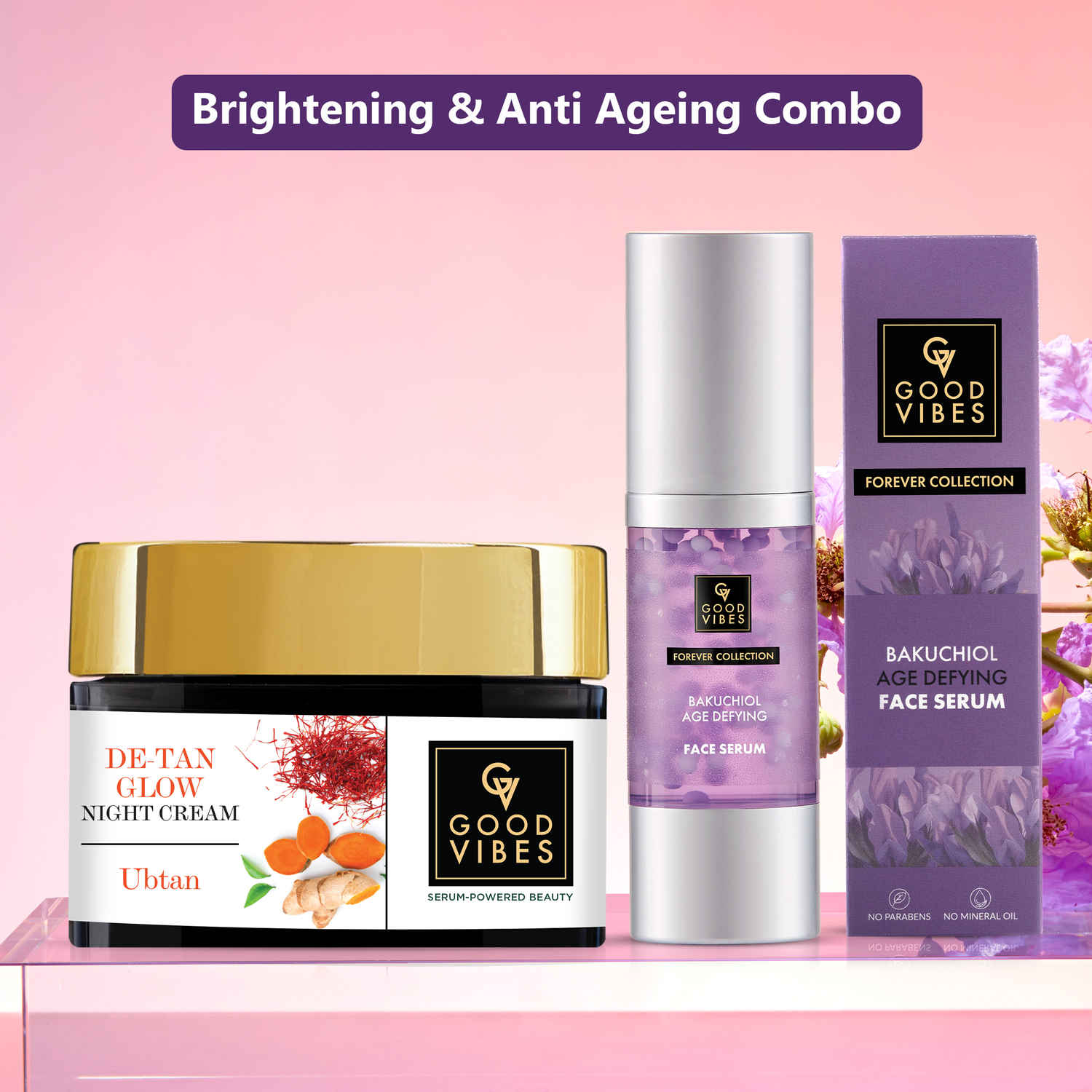 Buy Good Vibes Brightening & Anti Ageing Combo | Ubtan De-Tan Night Cream 50g | Age Defying Night Serum 30ml - Combo of 2 - Purplle
