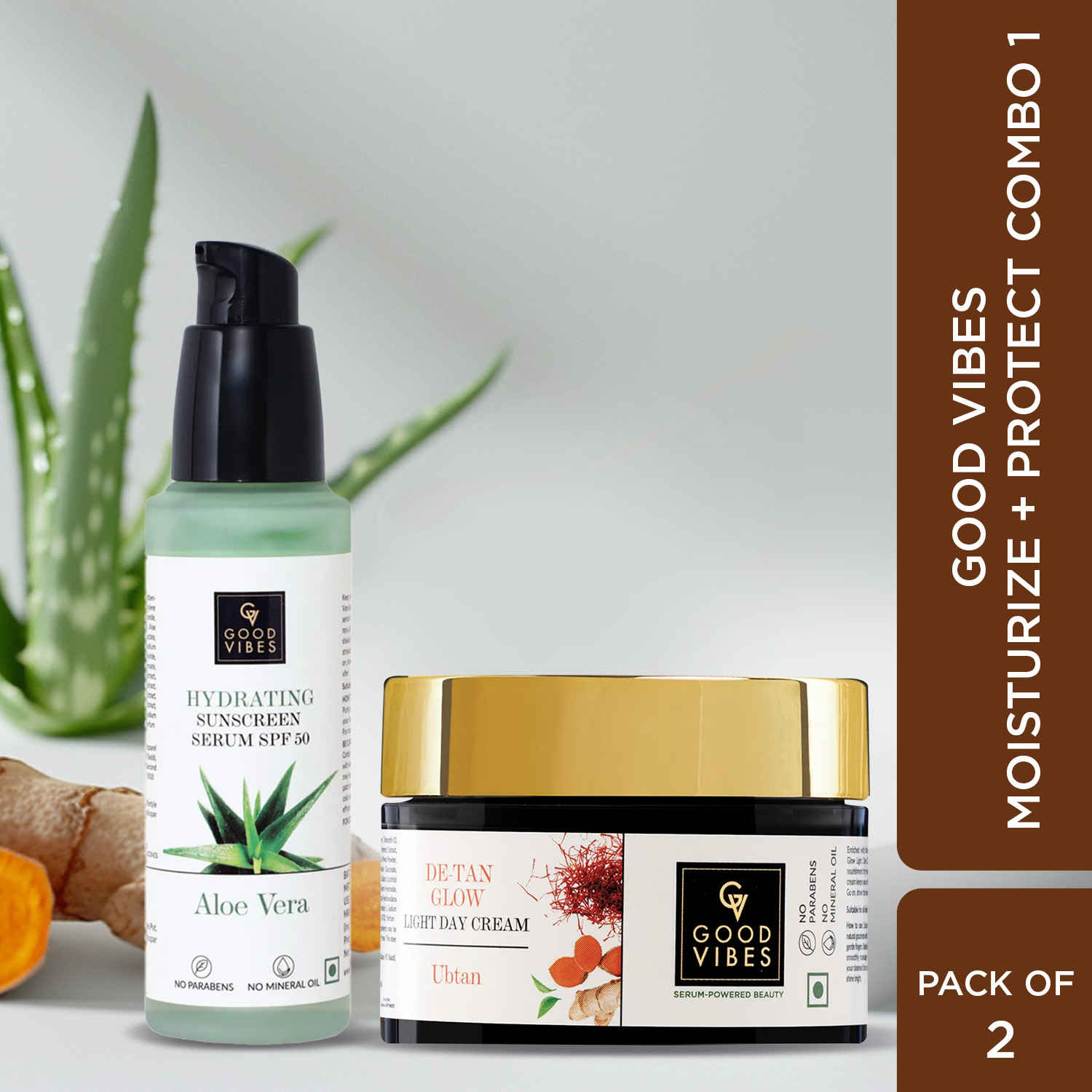 Buy Good Vibes Moisturize + Protect Combo of 2 | Ubtan De-tan Glow Light Day Cream 50g | Aloe Vera Hyderating Sunscreen Serum SPF50 45ml - Combo of 2 - Purplle