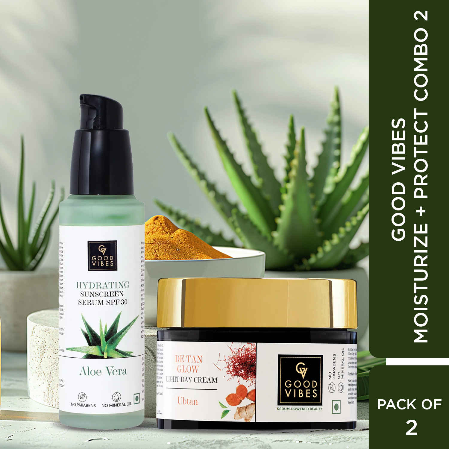 Buy Good Vibes Moisturize + Protect Combo2 | Ubtan De-tan Glow Light Day Cream 50g | Aloe Vera Hyderating Sunscreen Serum SPF30 45ml - Combo of 2 - Purplle