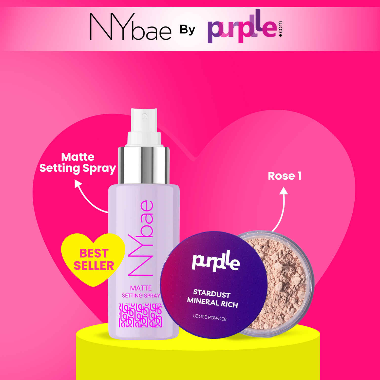 Buy NY Bae x Purplle Face Makeup Combo 1 | NY Bae Matte Setting Spray (60 ml) | Purplle Stardust Mineral Rich Loose Powder - Rose 1 (25 gm) Combo of 2 - Purplle