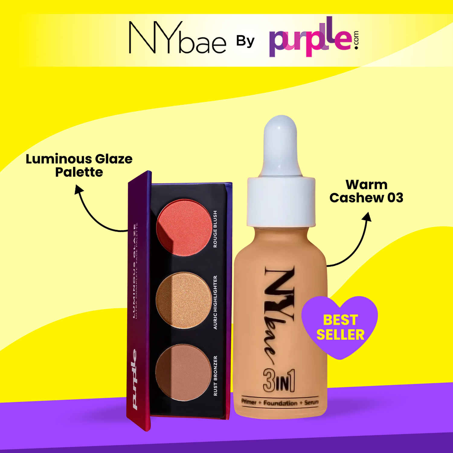 Buy NY Bae x Purplle Face Makeup PREP combo 1 | NY Bae 3 in 1 Serum Foundation with Primer - Warm Cashew 03 (30 ml) | Purplle Luminous Glaze Ultra Complete Face Palette (12 gm) Combo of 2 - Purplle