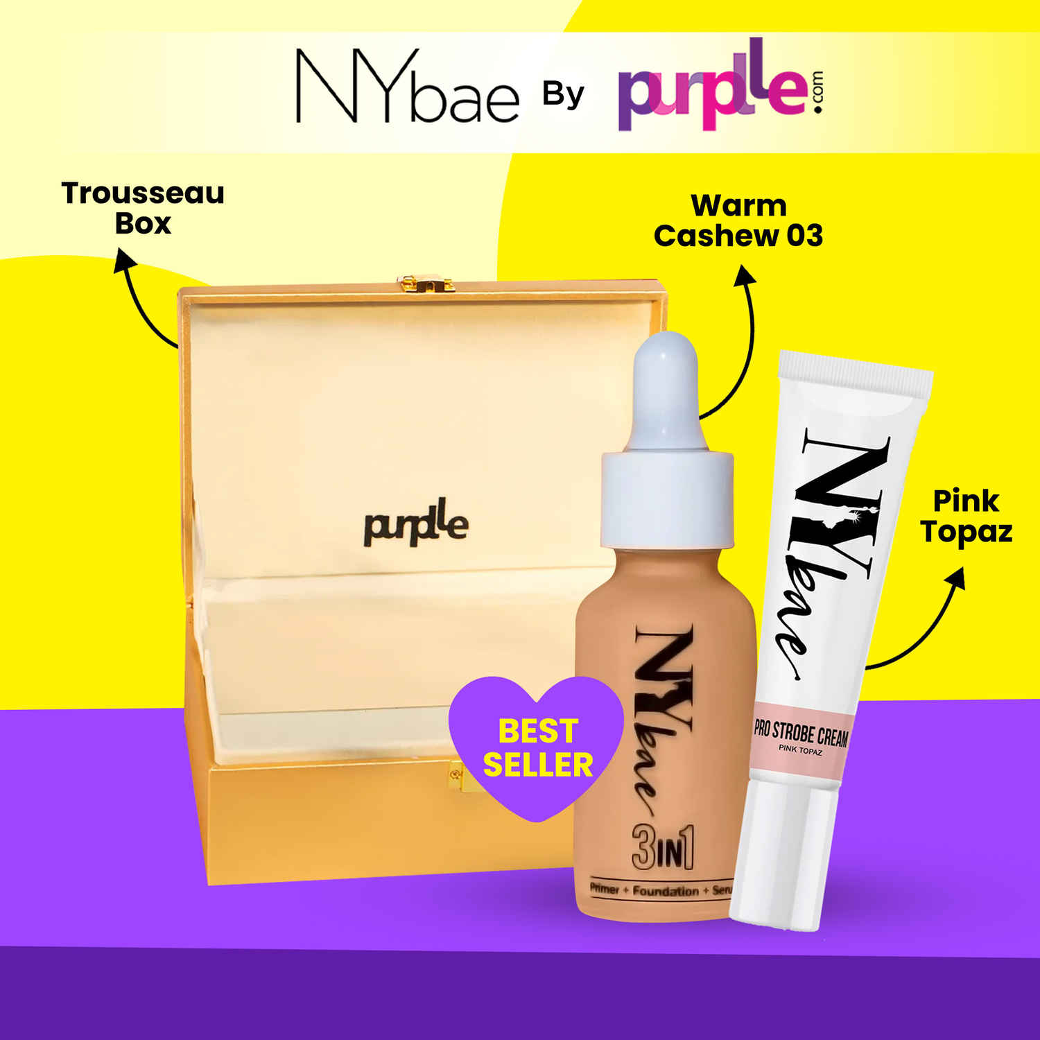 Buy NY Bae x Purplle Makeup Box Combo2 | NY Bae PRO Strobe Cream Pink Topaz (12 gm) | NY Bae 3 in 1 Serum Foundation Warm Cashew 03 (30 ml) | Purplle Gold Trousseau Box Combo of 3 - Purplle
