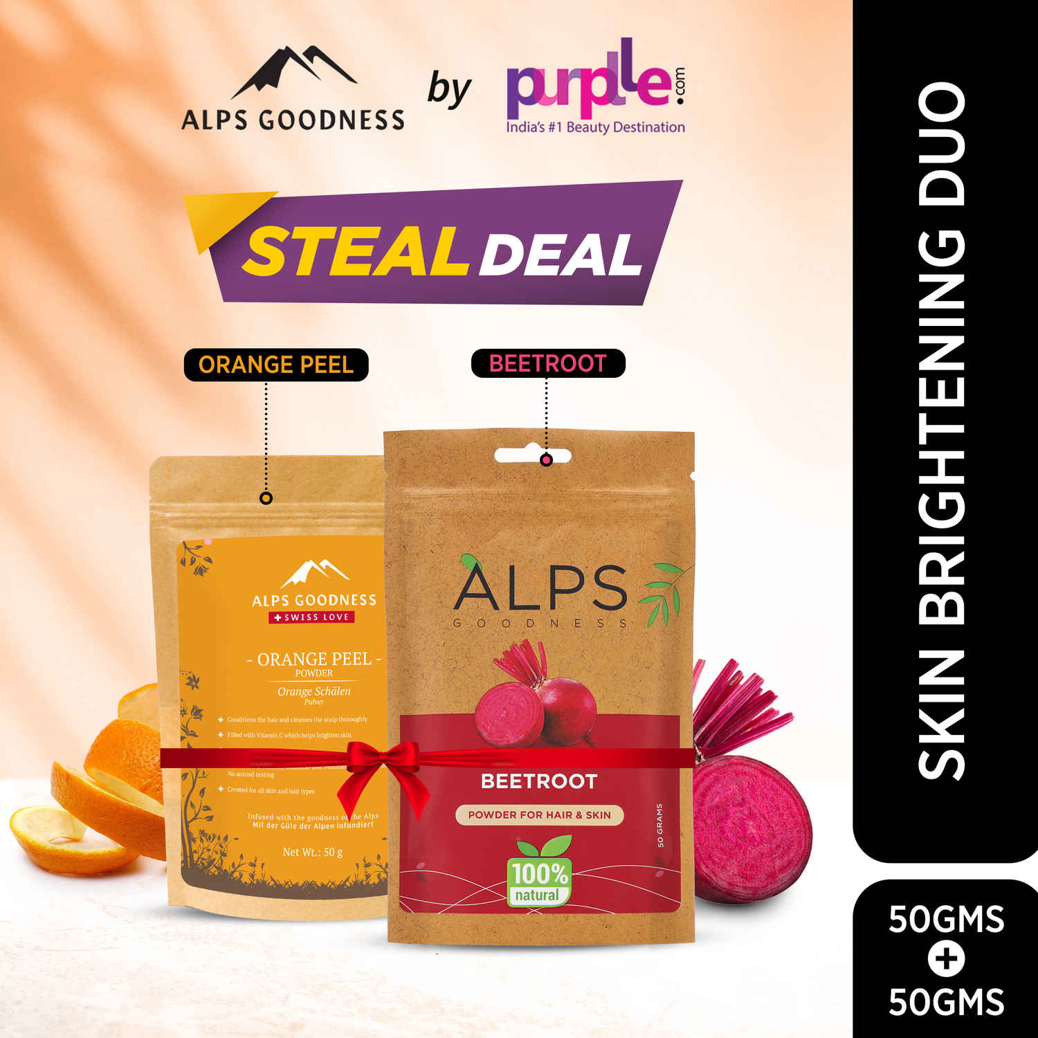 Buy Alps Goodness Brightening Duo (Pack of 2) I 100% Natural Beetroot & Orange Peel Powder I Super Savings Pack I Best for Hair & Skin I Festive Glow Pack (2 X 50g) - Purplle