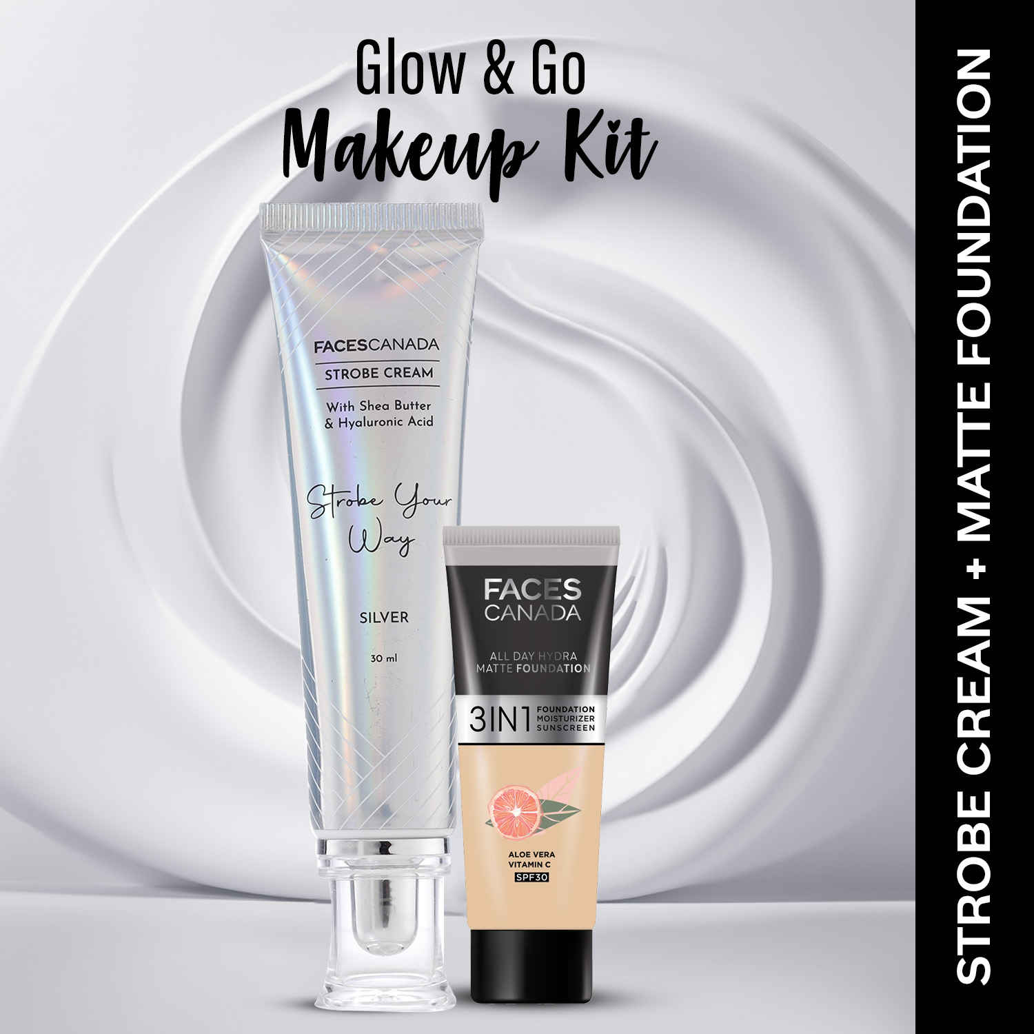 Buy FACES CANADA Celeb Glow Kit 1 | Silver Strobe Cream (30 gm) + Hydra Matte Foundation (Mini) - Abolute Ivory (15 gm) | Combo Kit of 2 - Purplle