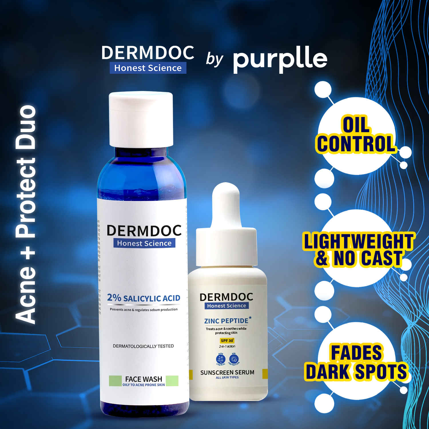 Buy DERMDOC Acne Wash & Protect Combo | 2% Salicylic Acid Face Wash (120 ml) | Zinc Peptides* Sunscreen Serum SPF 30 (30 ml) - Purplle