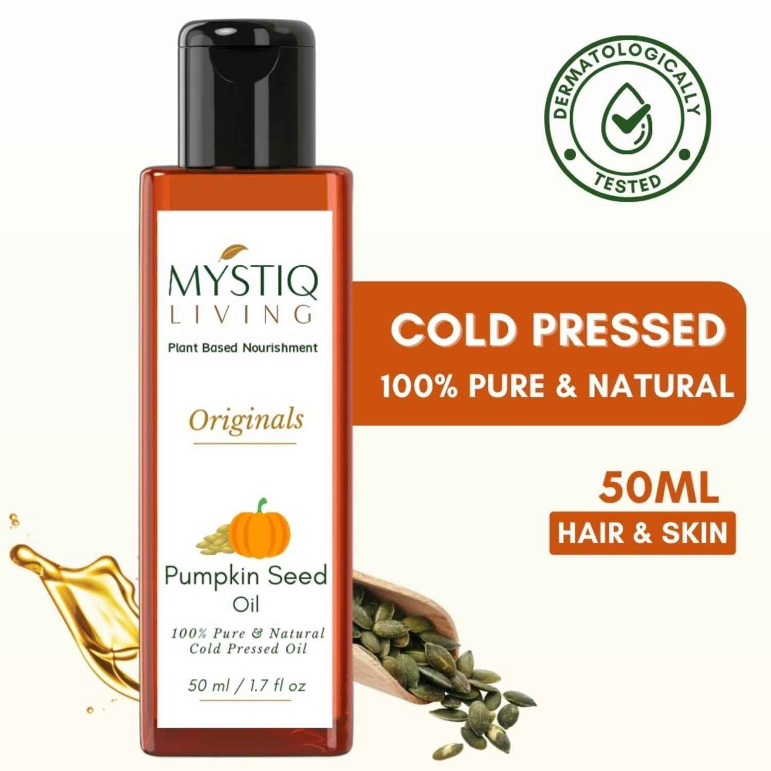 Buy Mystiq Living Pumpkin Seed Oil for Hair Growth - 50ml | 100% Pure Cold Pressed Carrier Oil for Hair, Skin - Purplle