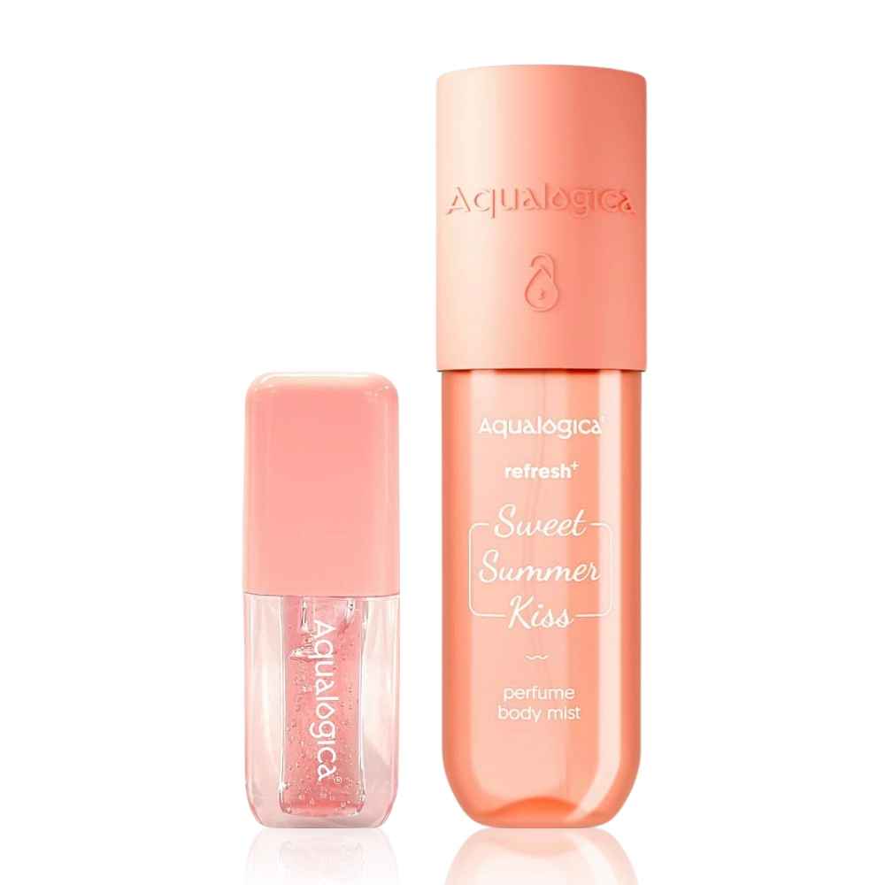 Buy Aqualogica Sweet Summer Duo (Plump+ Pouty Li pH Glosses Peach Vanilla-5 ml + Refresh+ Sweet Summer Kiss Perfume Body Mist-150 ml) - Purplle