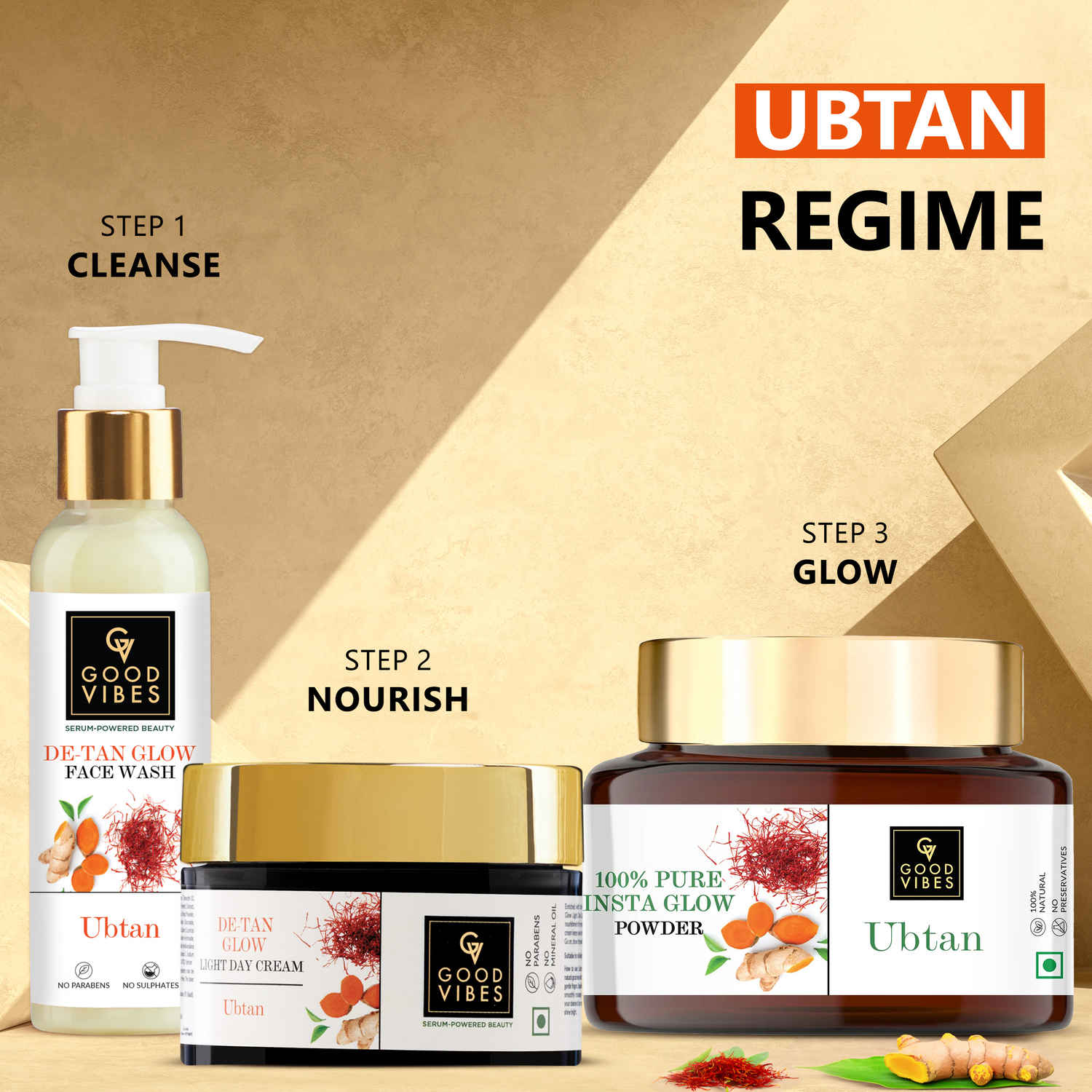 Buy Good Vibes Ubtan Regime | Ubtan De Tan Glow Face Wash (120 ml) + De-Tan Glow Night Cream (50 g) + Ubtan Insta Glow Powder (150 g) - Combo of 3 - Purplle